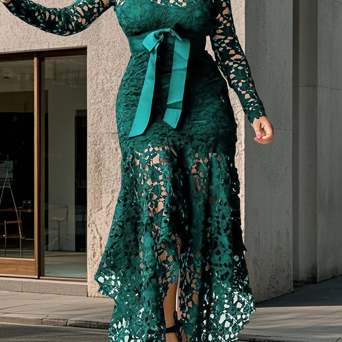 Lace Embroidered Belted Midi Dress – Asymmetrical Hem & Romantic Detailing
