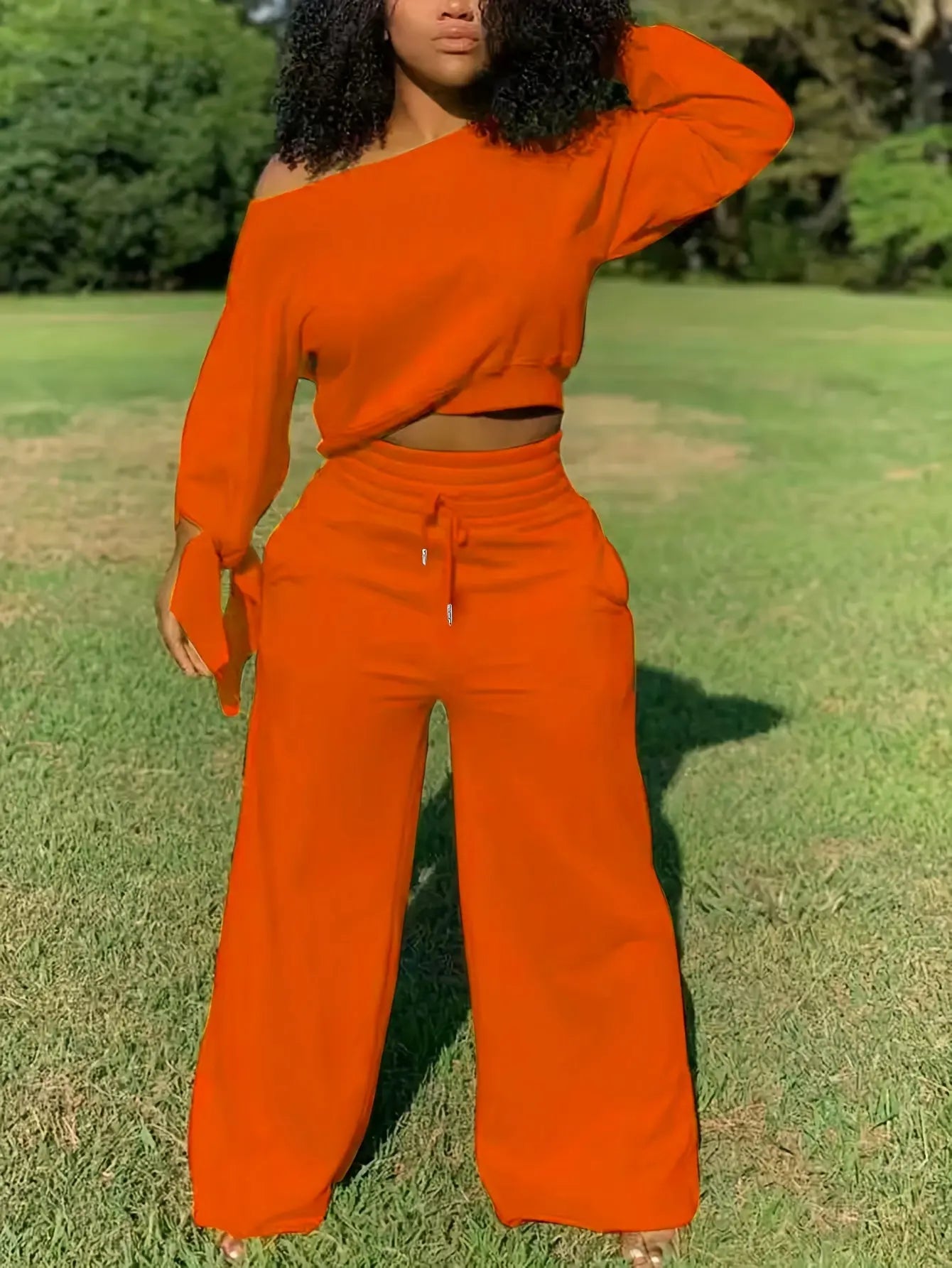 Asymmetrical Batwing Sleeve Crop Top and Drawstring Wide Leg Pants Set Toshe Women's Fashions