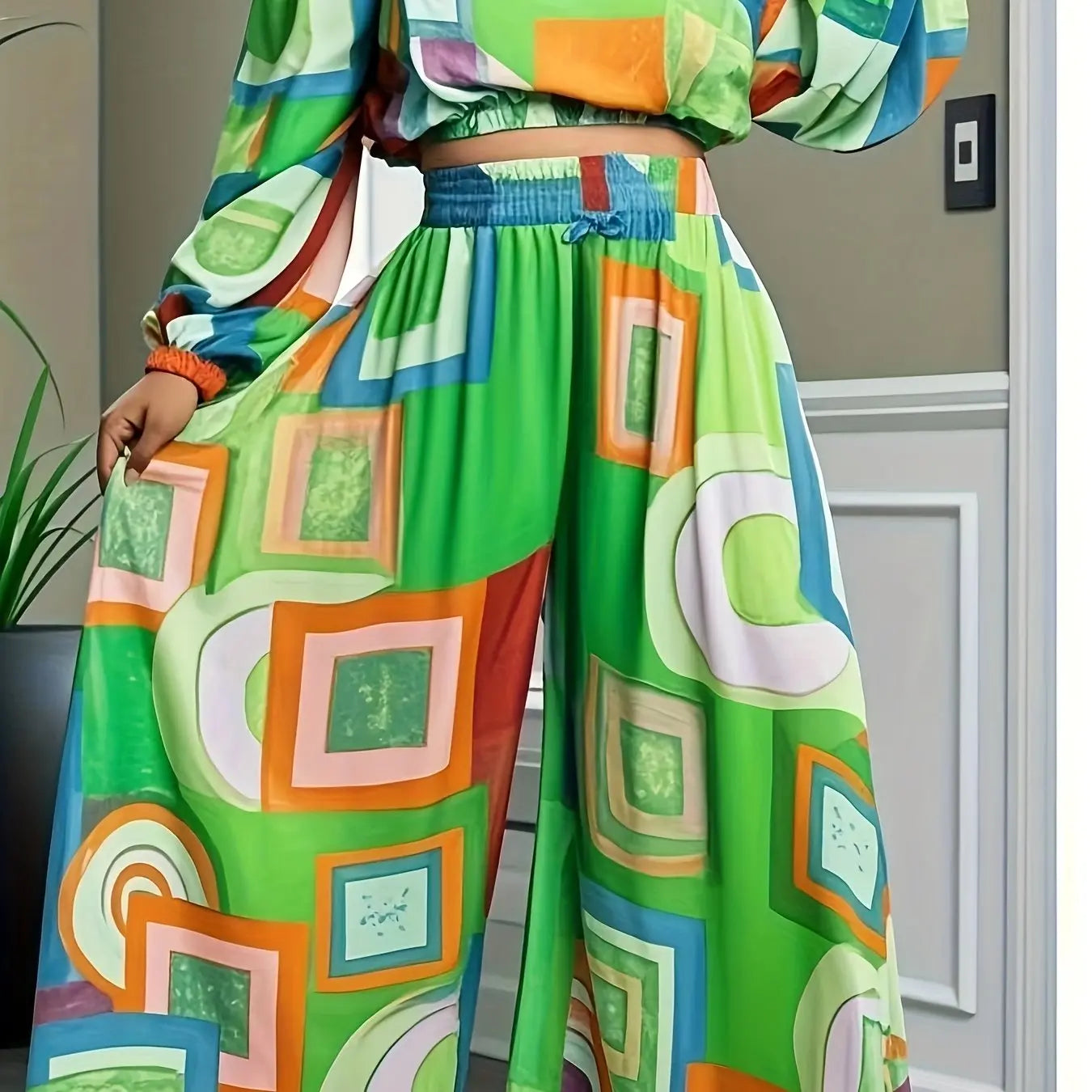 Colorblock Boho Crop Top and Wide Leg Suit Toshe Women's Fashions