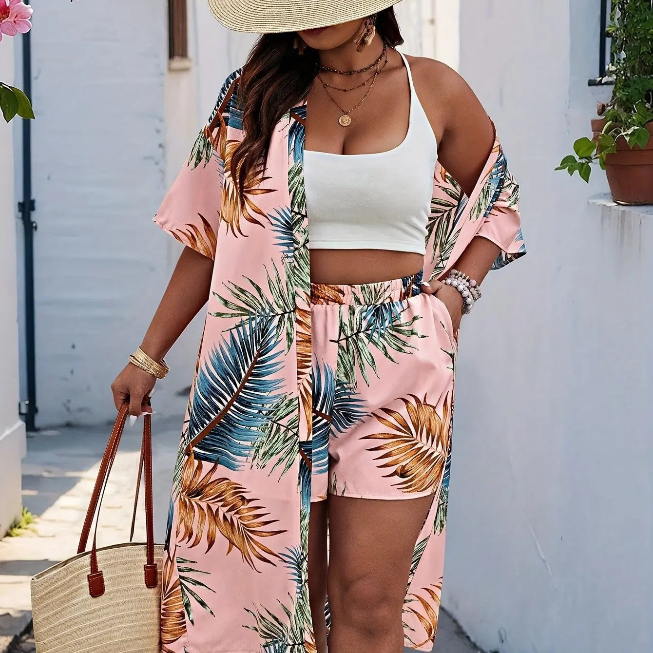 Tropical Leaf Print Cardigan & Shorts Set Toshe Womens Fashions