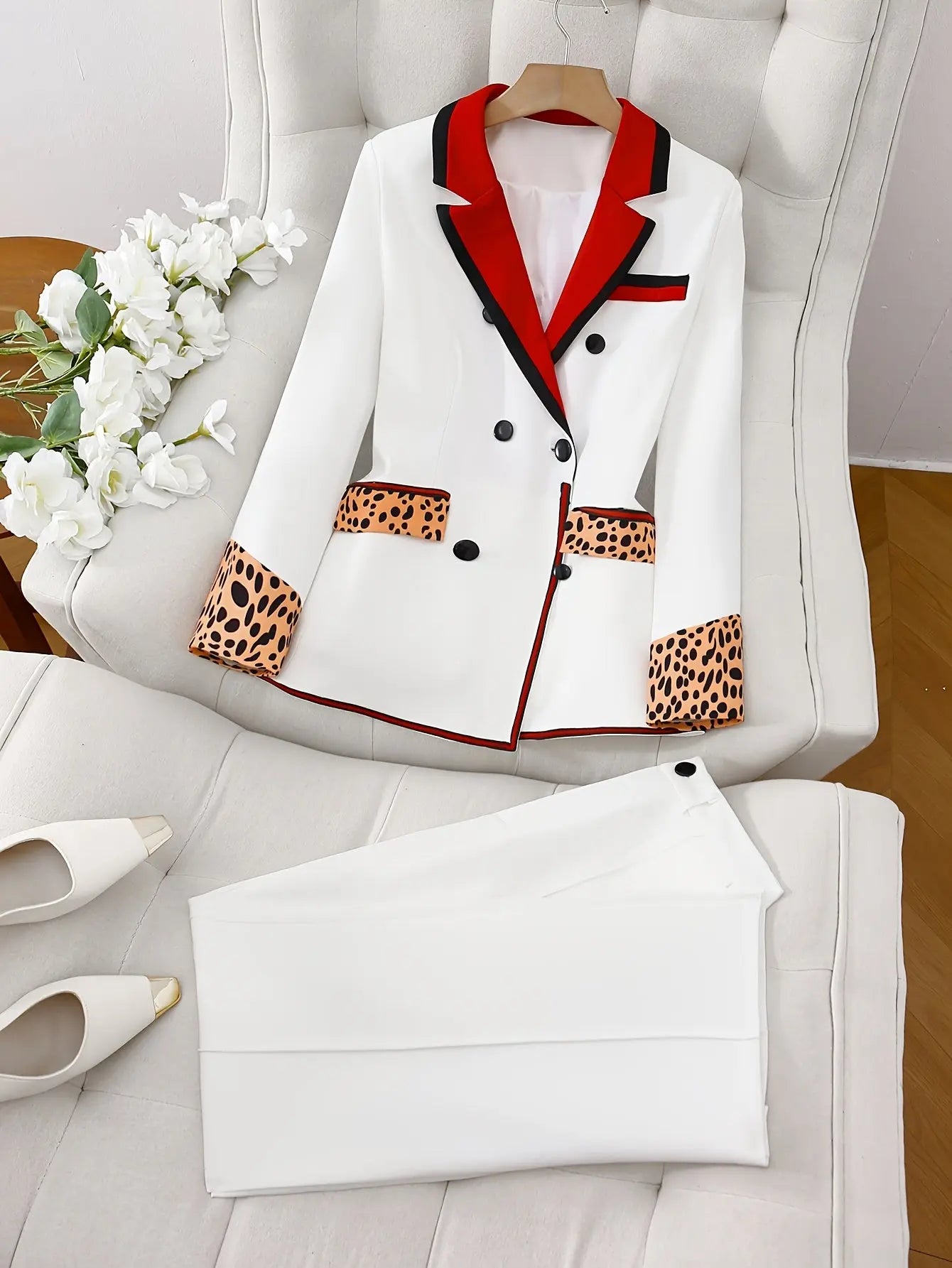 Red Striped Lapel Collar Double Breasted Suit Toshe Women's Fashions