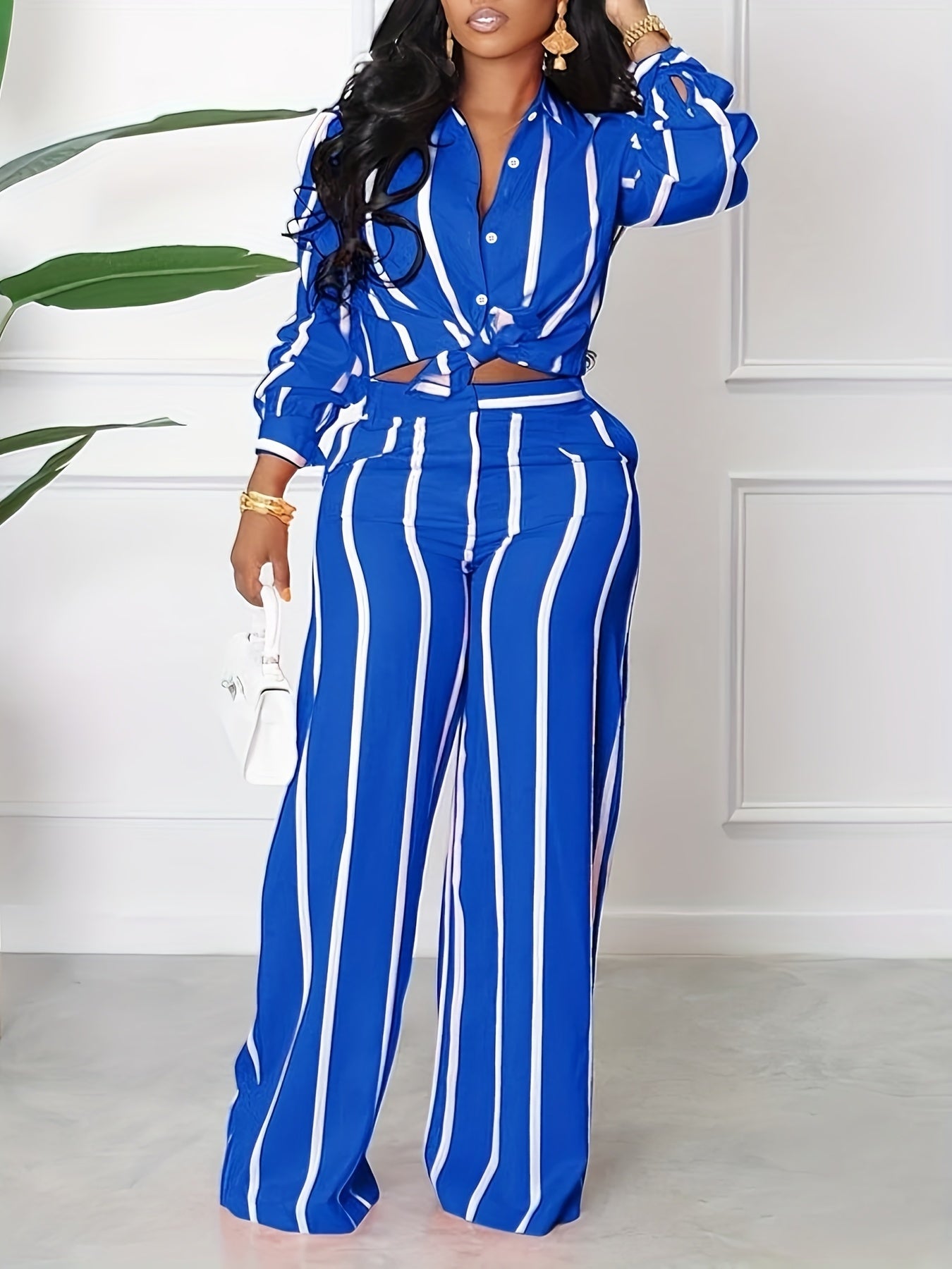 Striped Button Front Shirt with Wide-leg Trousers with Pockets