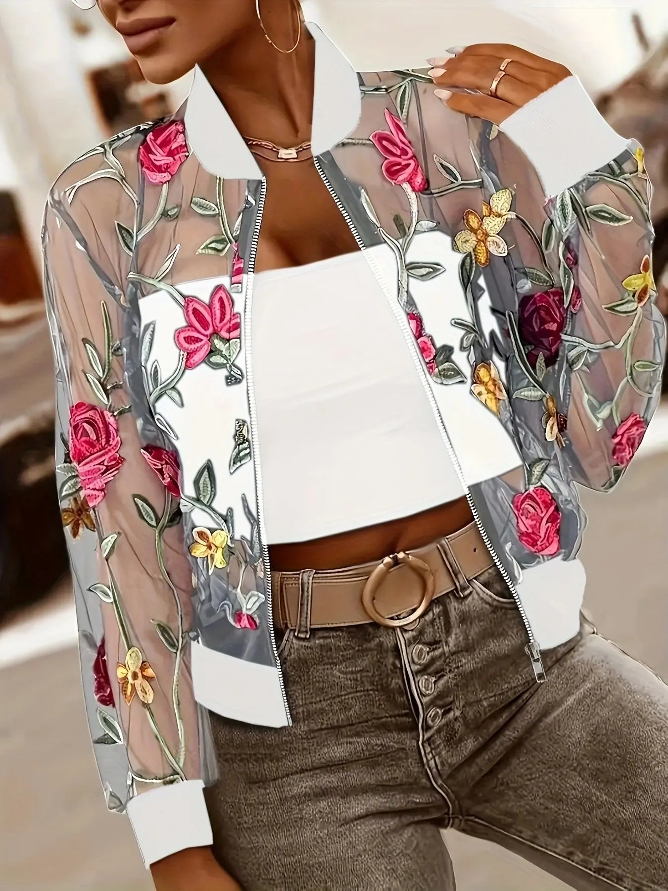 Sheer Floral Embroidery Stand Collar Jacket Toshe Women's Fashions