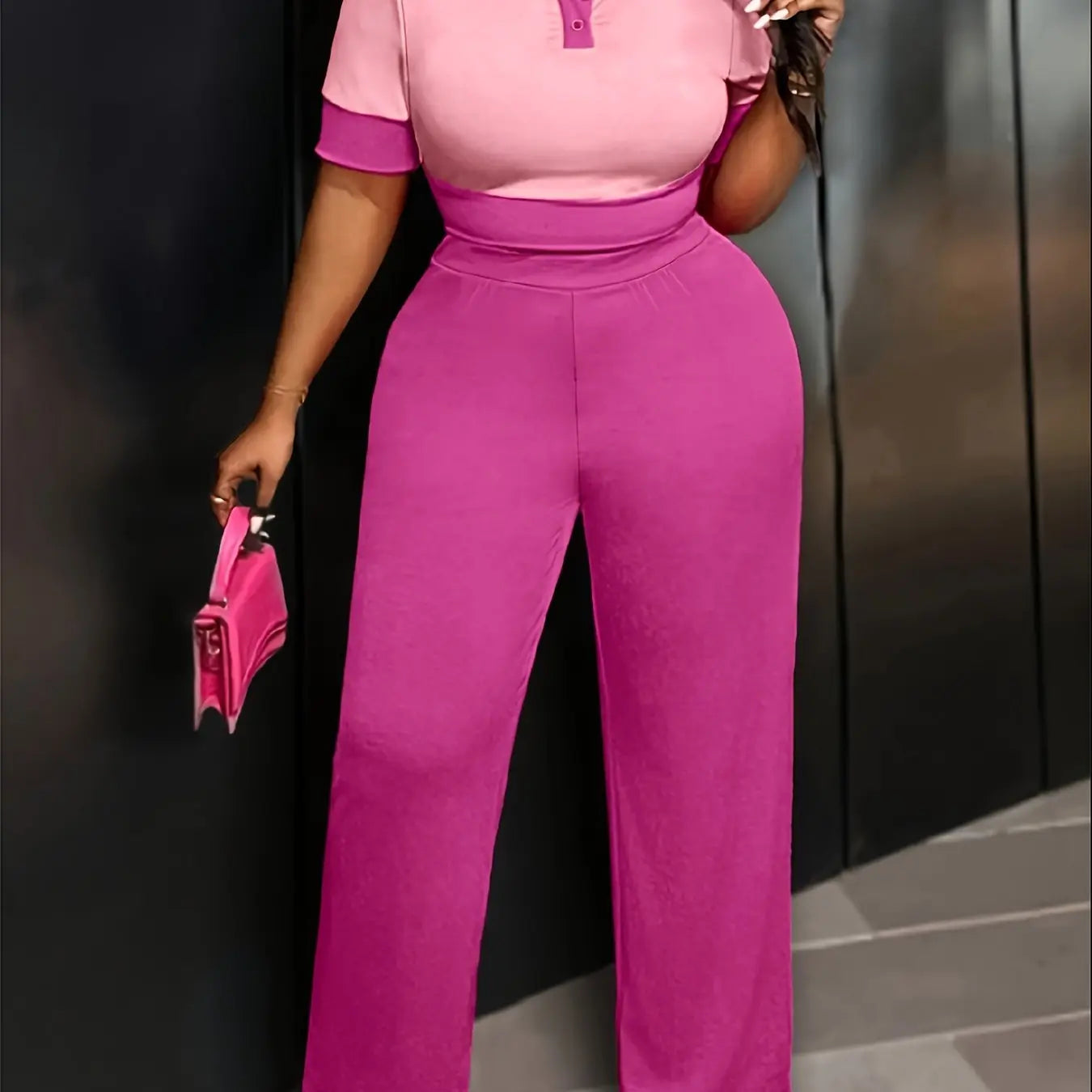 short-sleeved two-piece suit, V-neck button straight pants, comfortable . Toshe Women's Fashions