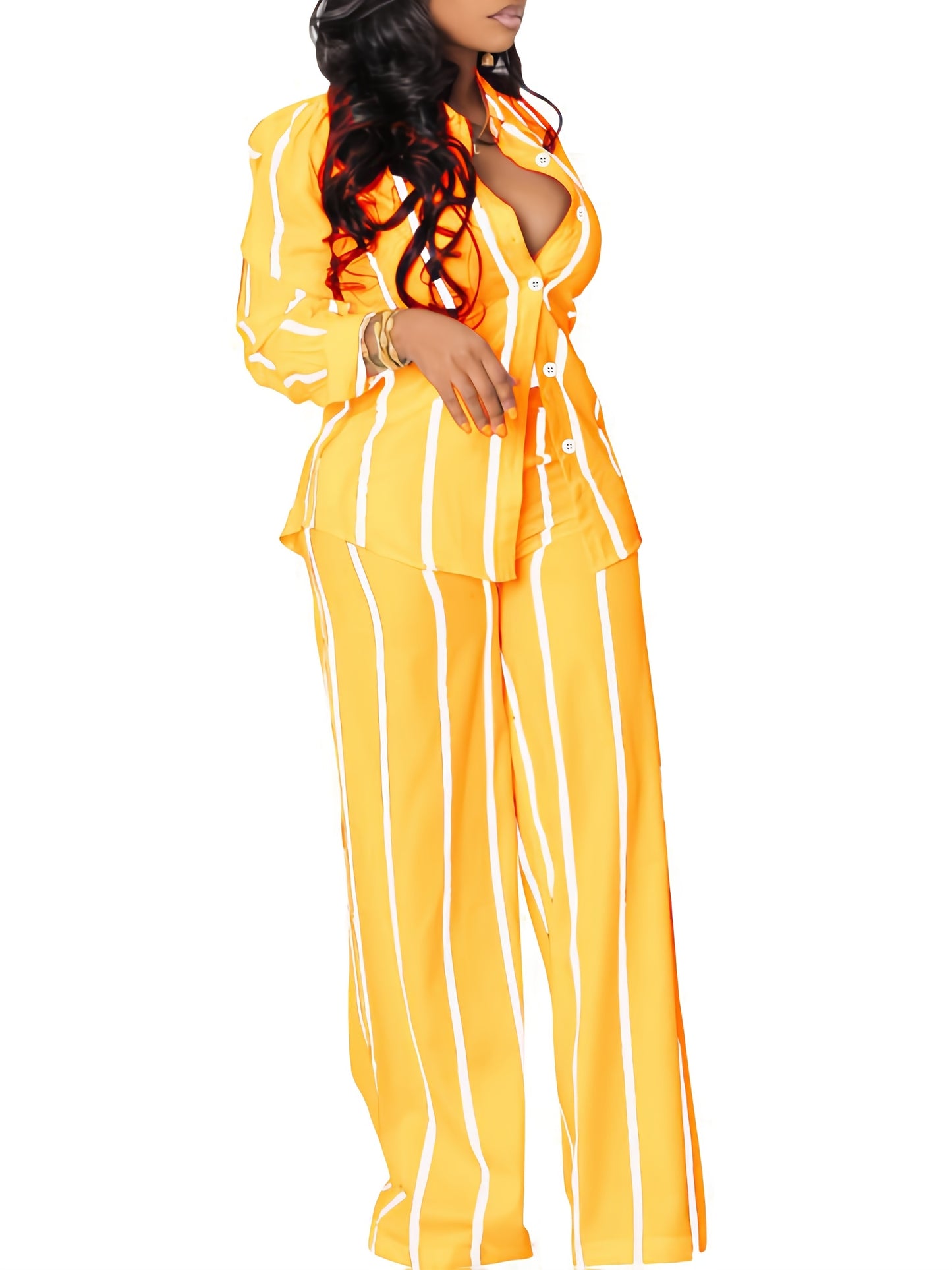 Striped Button Front Shirt with Wide-leg Trousers with Pockets