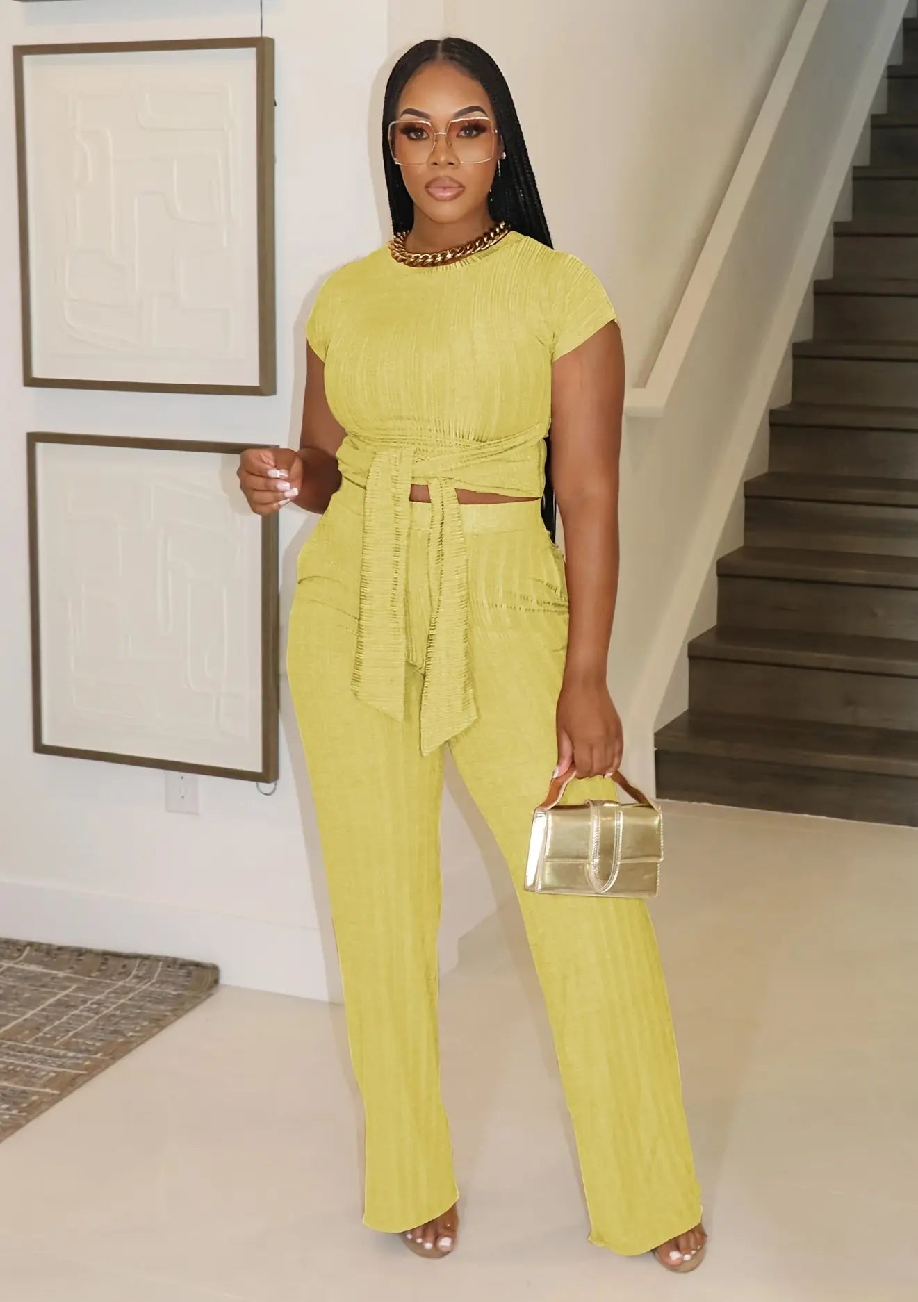 Lounge Sets Short Sleeve Belted Crop Tops Wide Leg Pant Set Toshe Womens Fashions