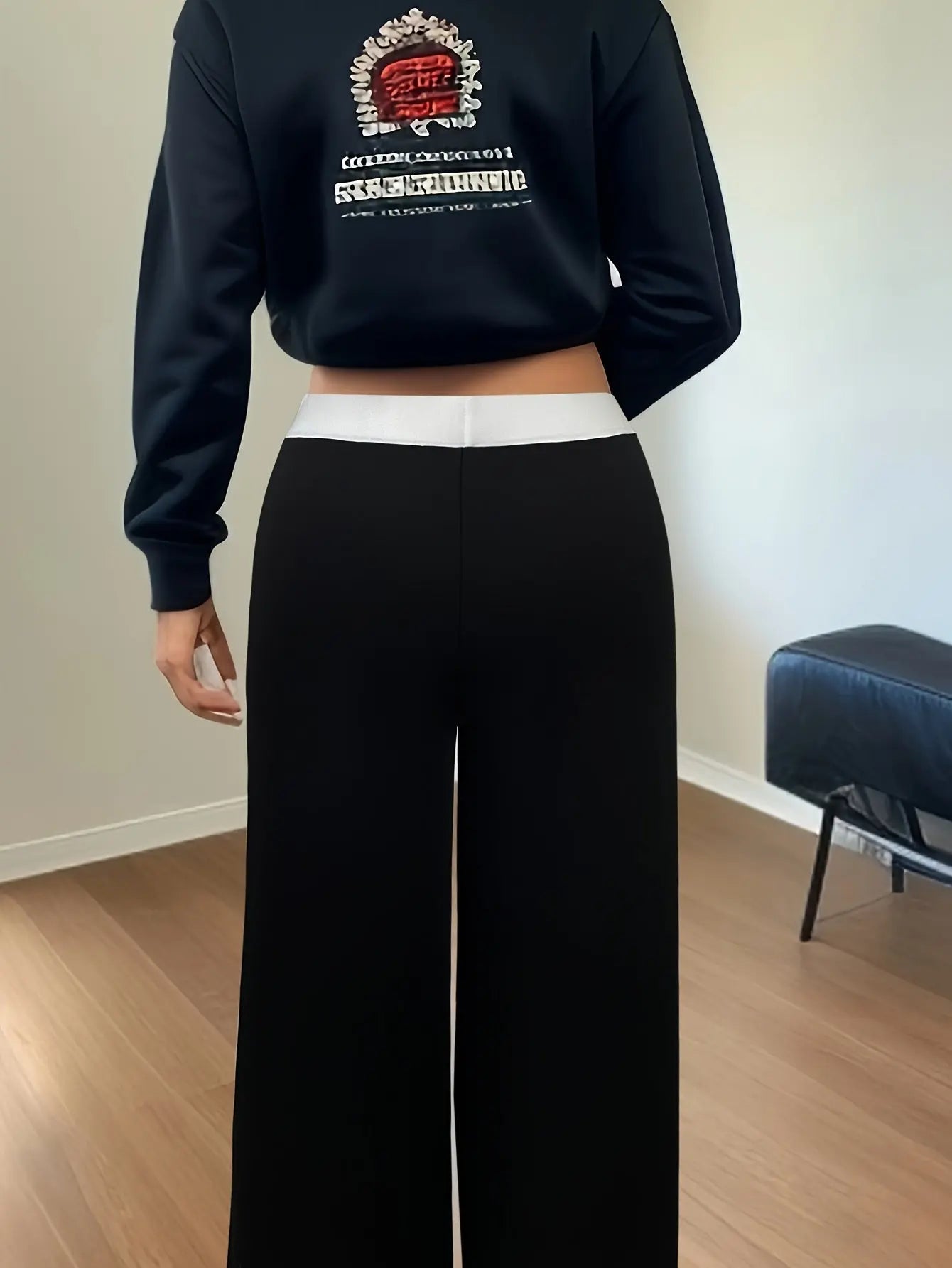 White Strip Accent Black Wide Leg Pants Toshe Women's Fashions