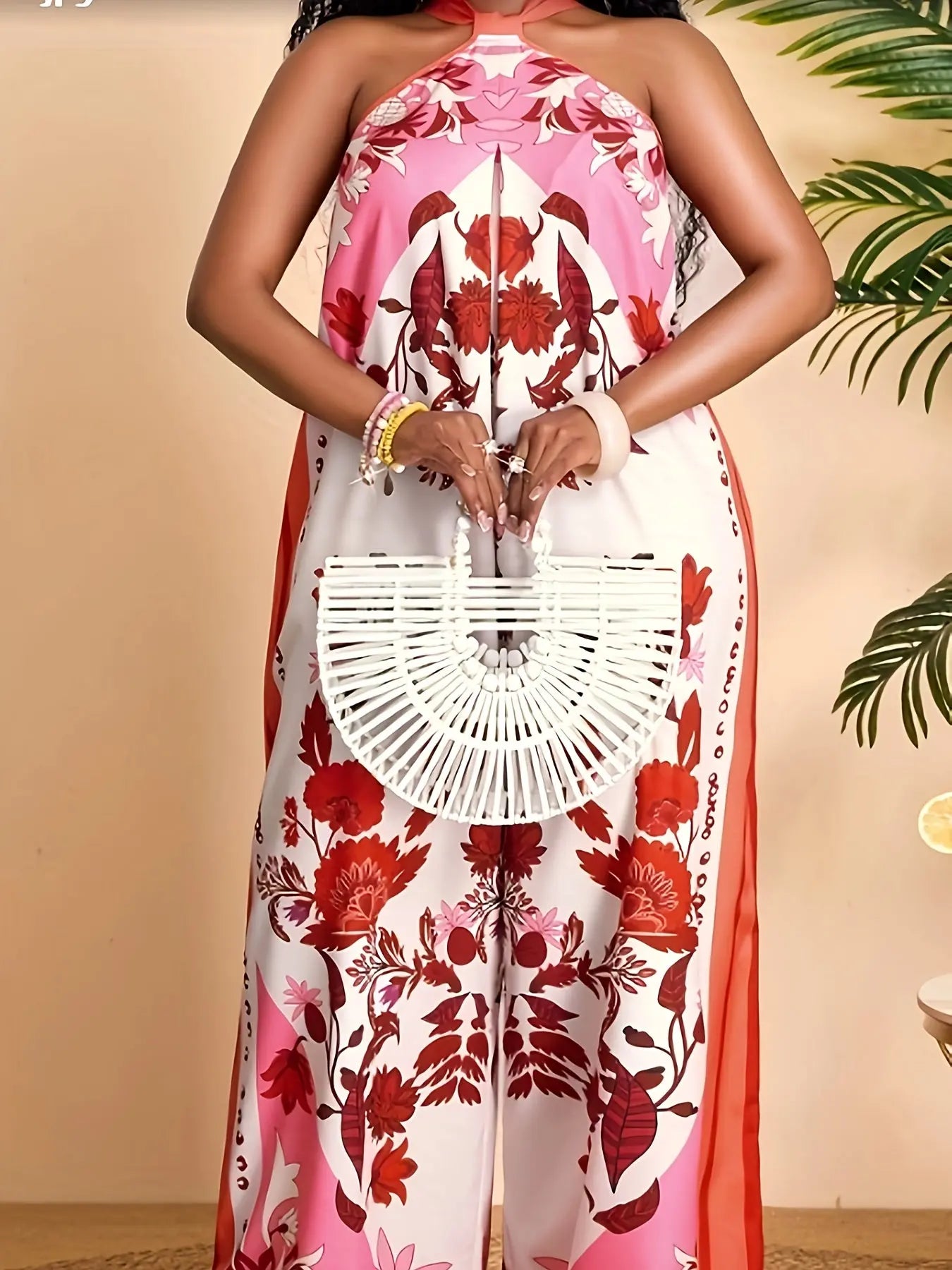 Floral Print Halter Open Shoulder Wide-Leg Jumpsuit Toshe Women's Fashions