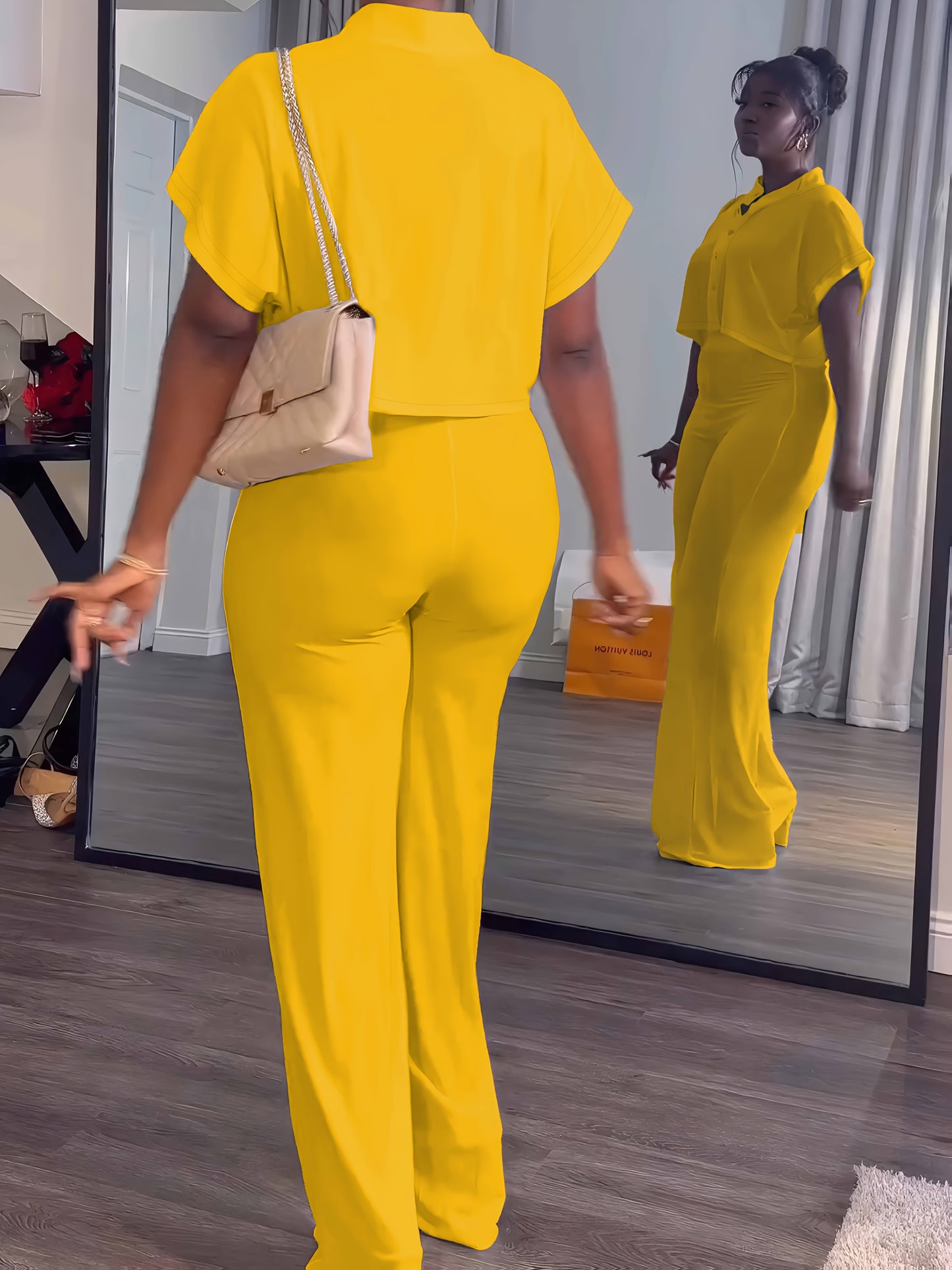 Collared Button Crop Top and Wide Leg Pant Set