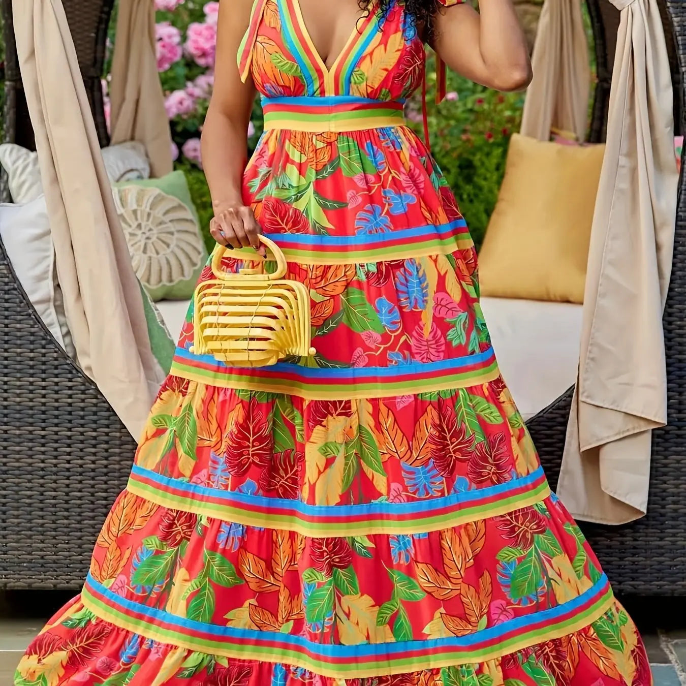 Colorblock Leaf Print V Neck Maxi Dress Toshe Women's Fashions