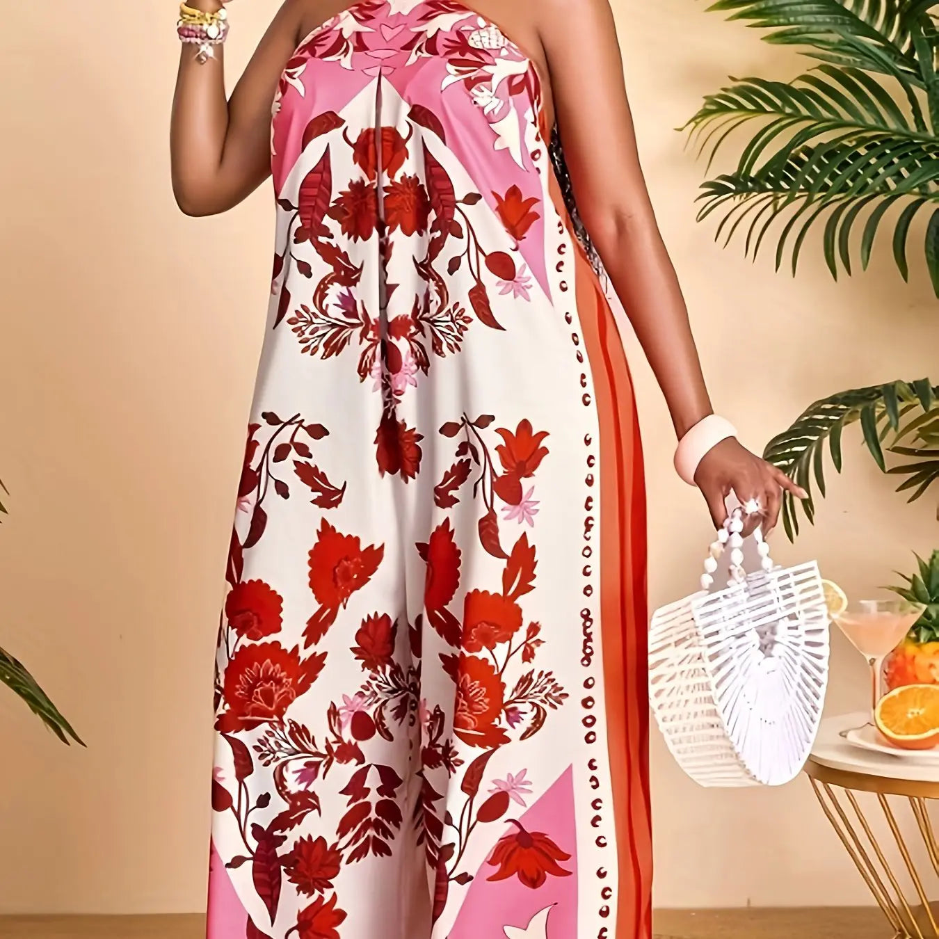 Floral Print Halter Open Shoulder Wide-Leg Jumpsuit Toshe Women's Fashions