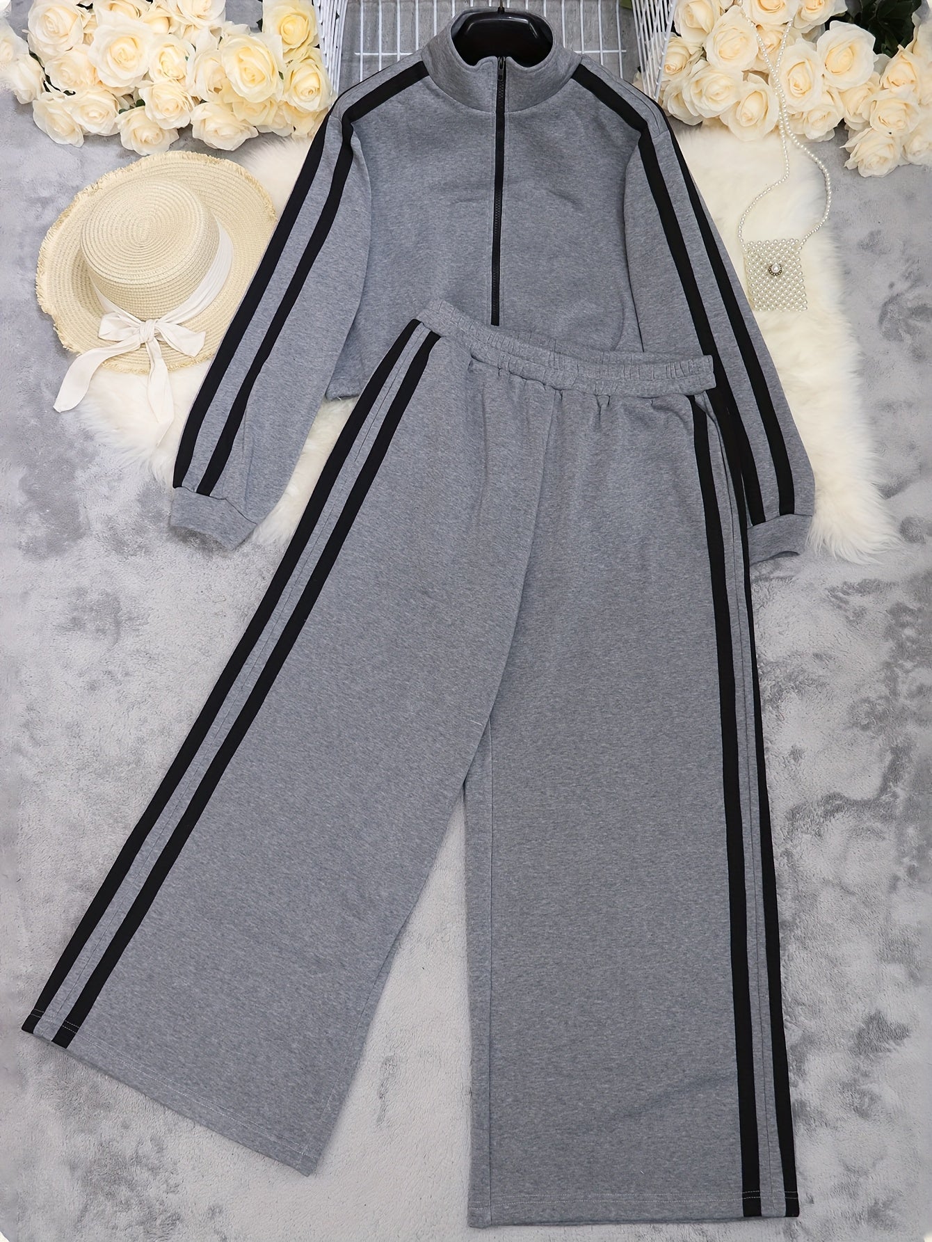 Striped Grey High Neck Zipper Front Top and Pants Set
