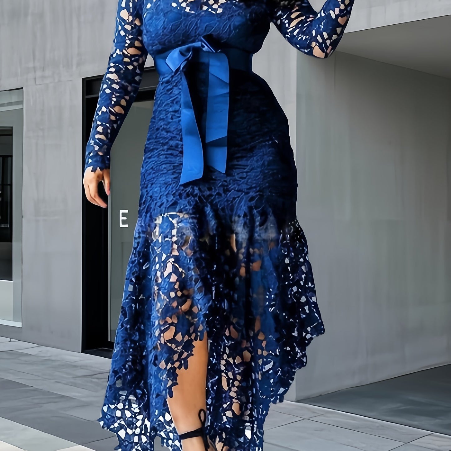 Lace Embroidered Belted Midi Dress – Asymmetrical Hem & Romantic Detailing