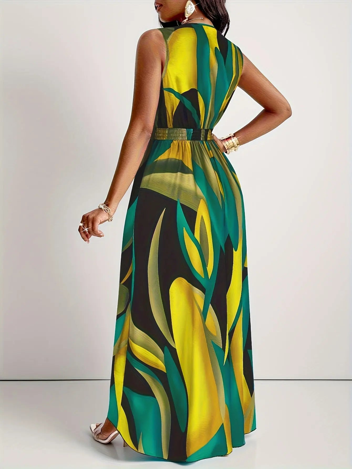 Green Tropical Print Flowing Maxi Dress Toshe Women's Fashions