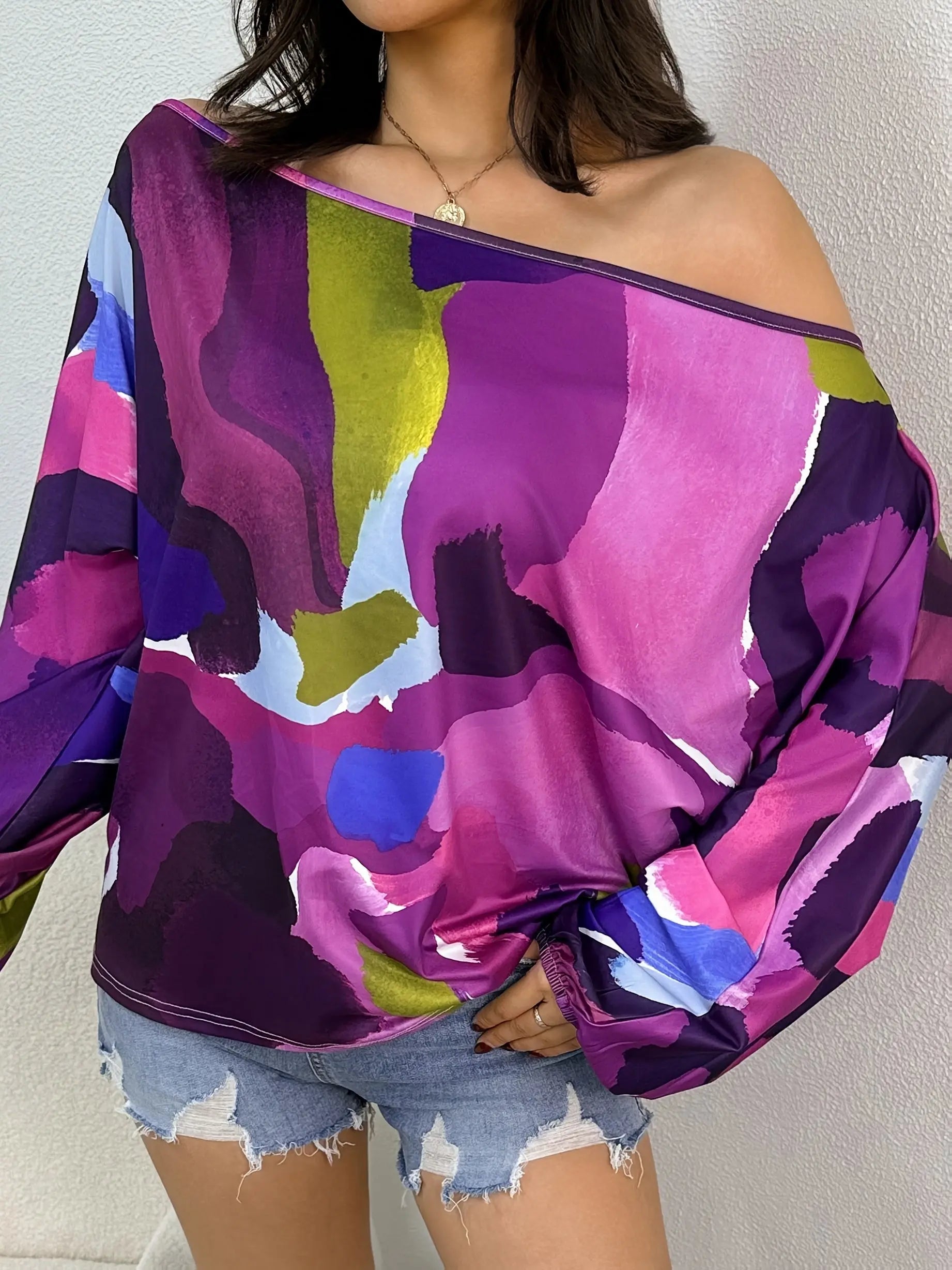 Purple Paint Print Off-Shoulder Blouse Toshe Women's Fashions