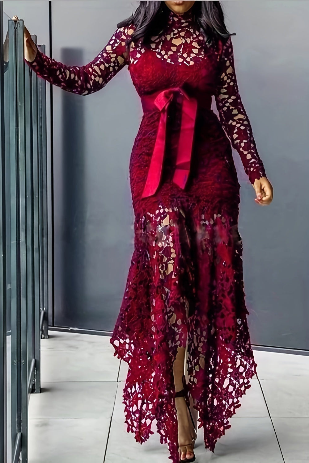 Lace Embroidered Belted Midi Dress – Asymmetrical Hem & Romantic Detailing