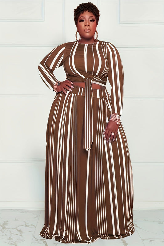 Bold Vertical Striped Crew Neck Crop Top & Wide-Leg Maxi Skirt with Belt