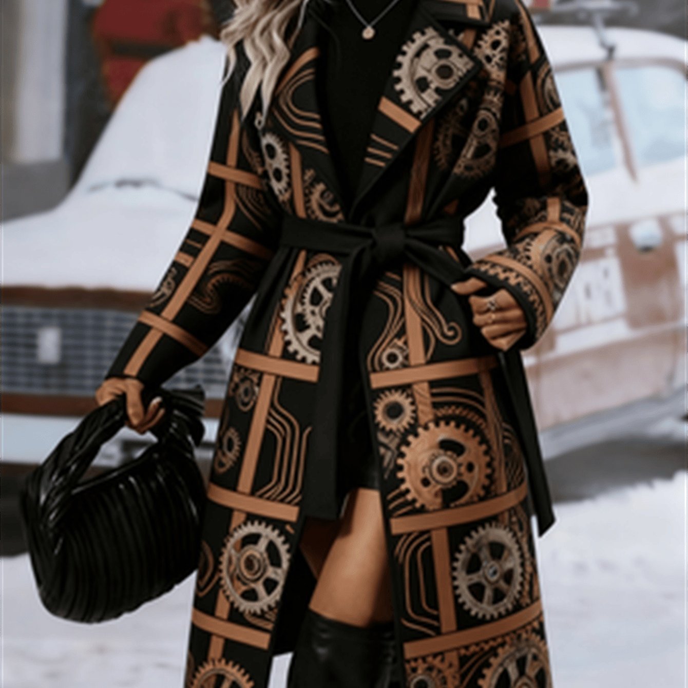 Black Printed Double-Breasted Long Belted Trench Coat