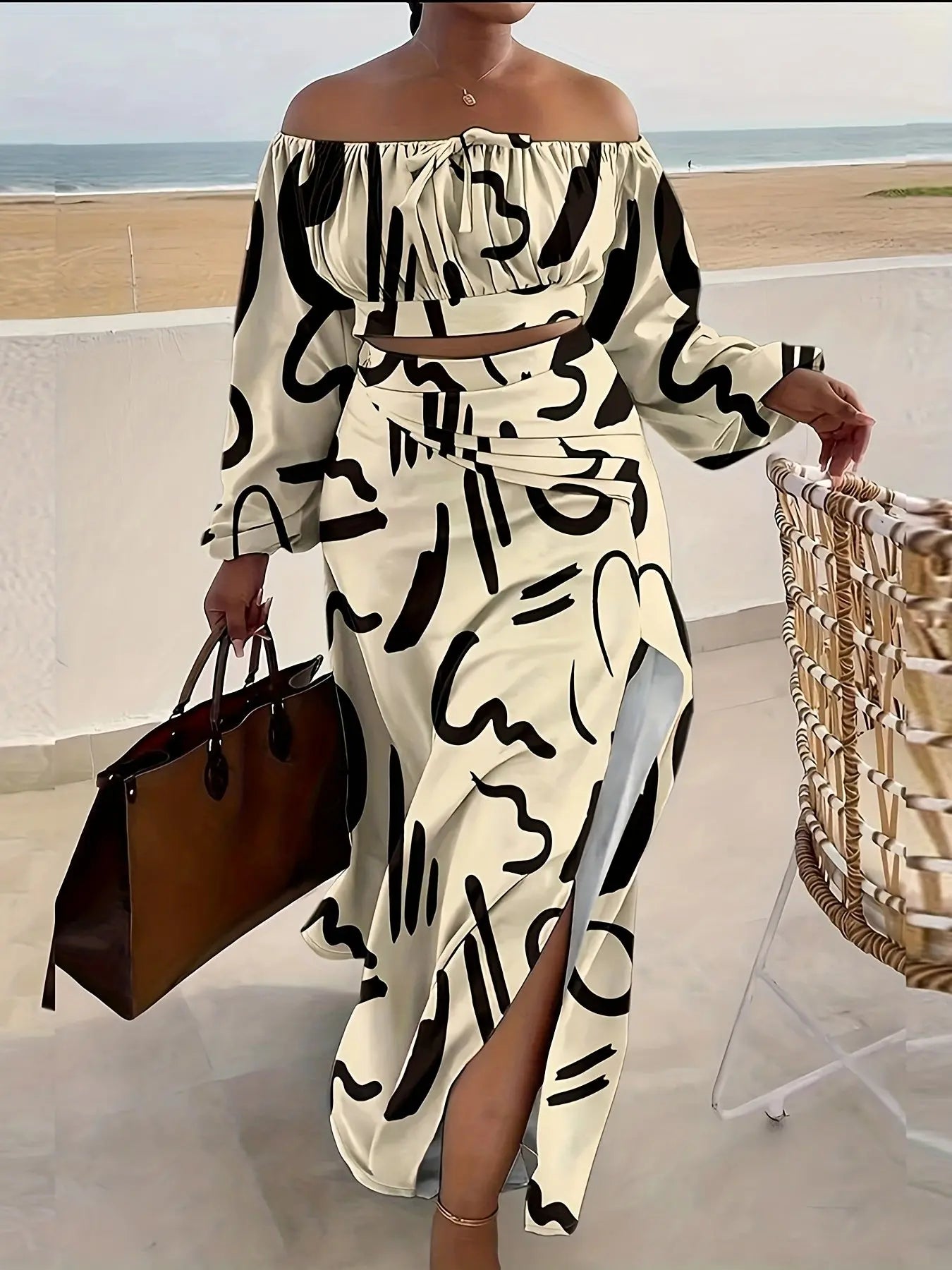 Off Shoulder Crop Top and Side Slit Skirt Set Toshe Women's Fashions