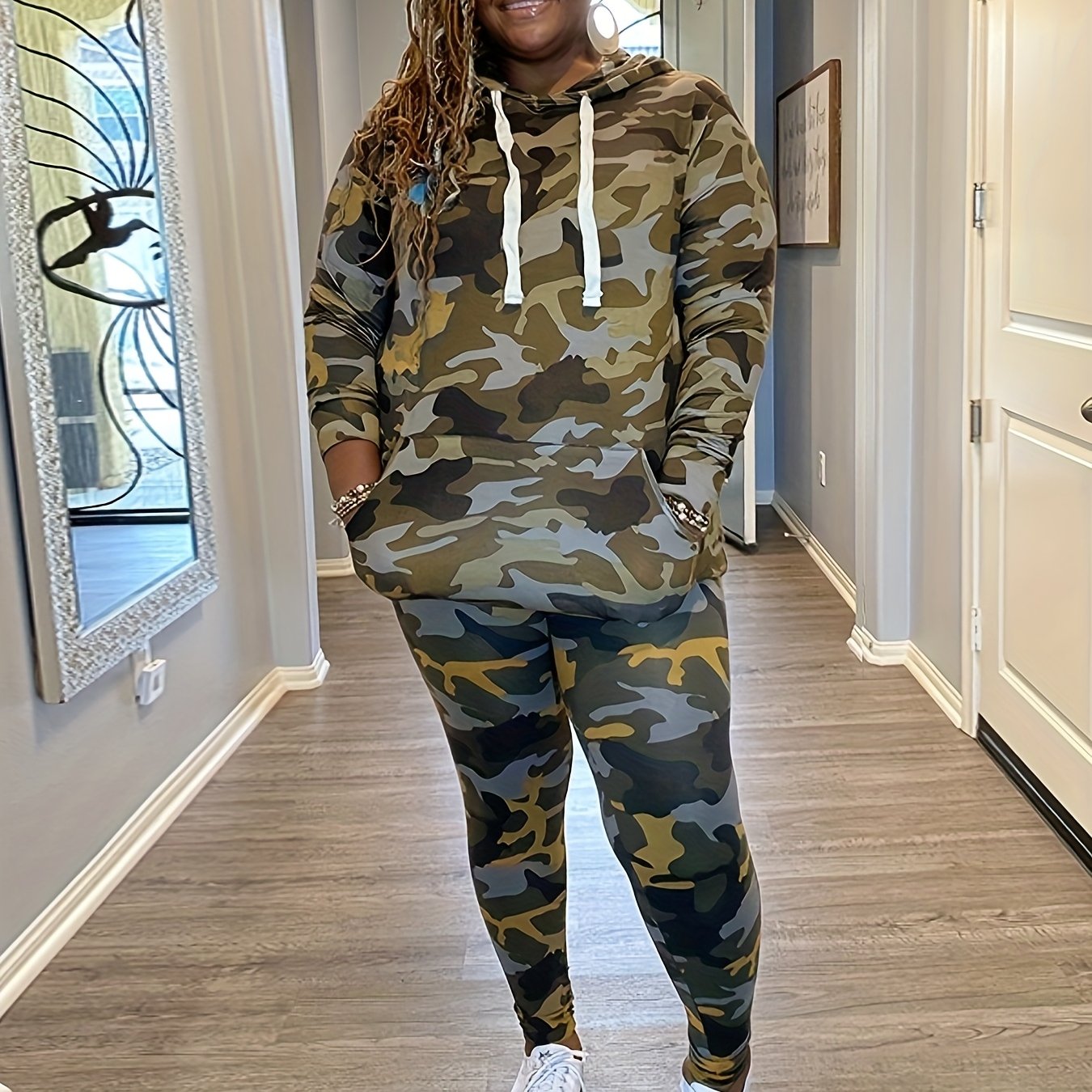 Camouflage Print Hooded Drawstring Pullover + Pants Set