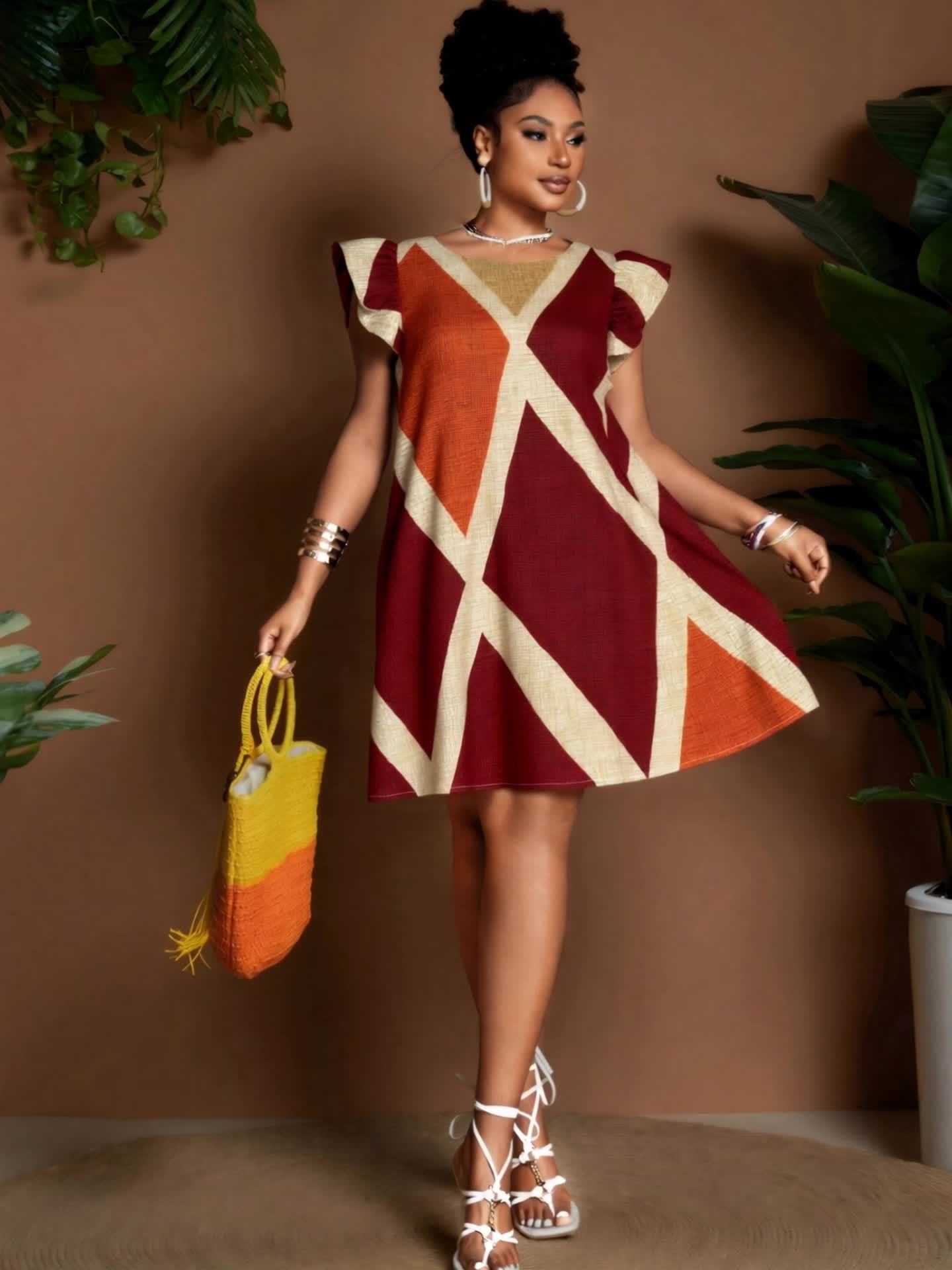 Geometric Ruffle Sleeve A-Line Mini Dress – Bold, Flowy & Flirty
