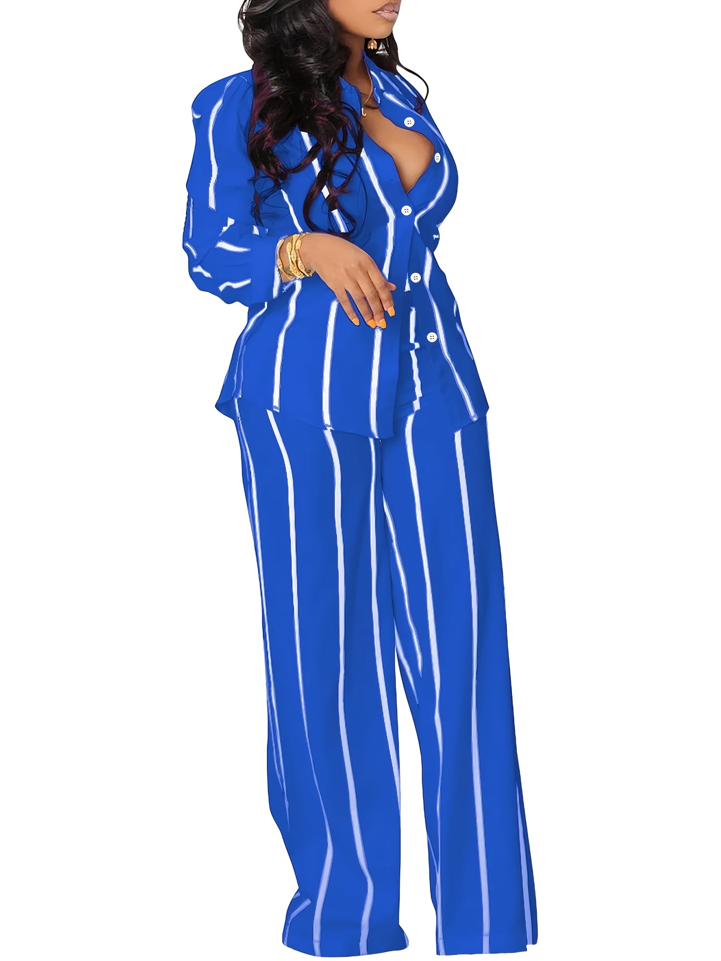 Striped Button Front Shirt with Wide-leg Trousers with Pockets