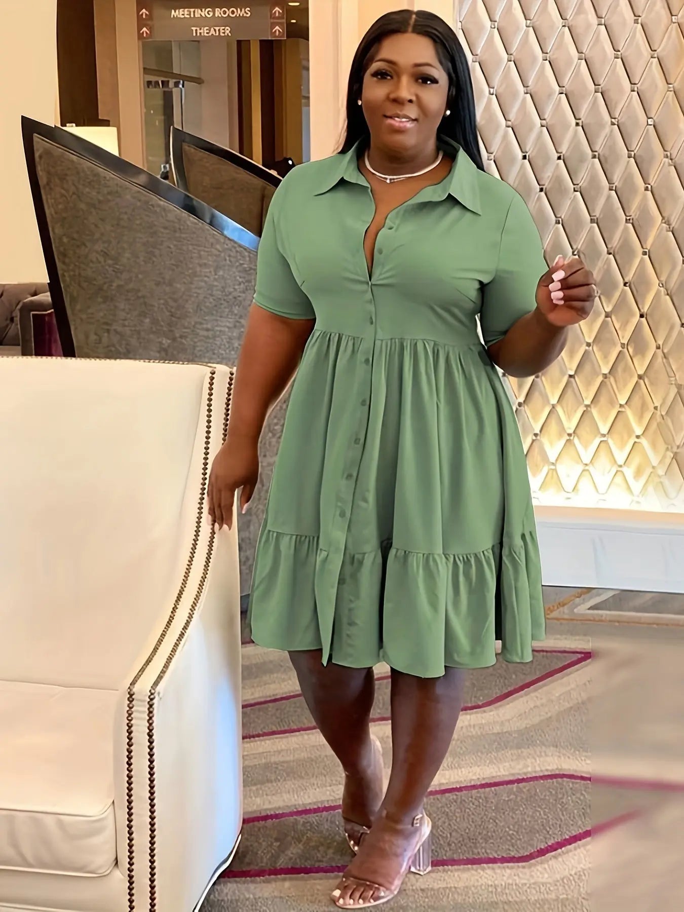 Ruffle Hem Tie Belt Shirt Dress Toshe Women's Fashions