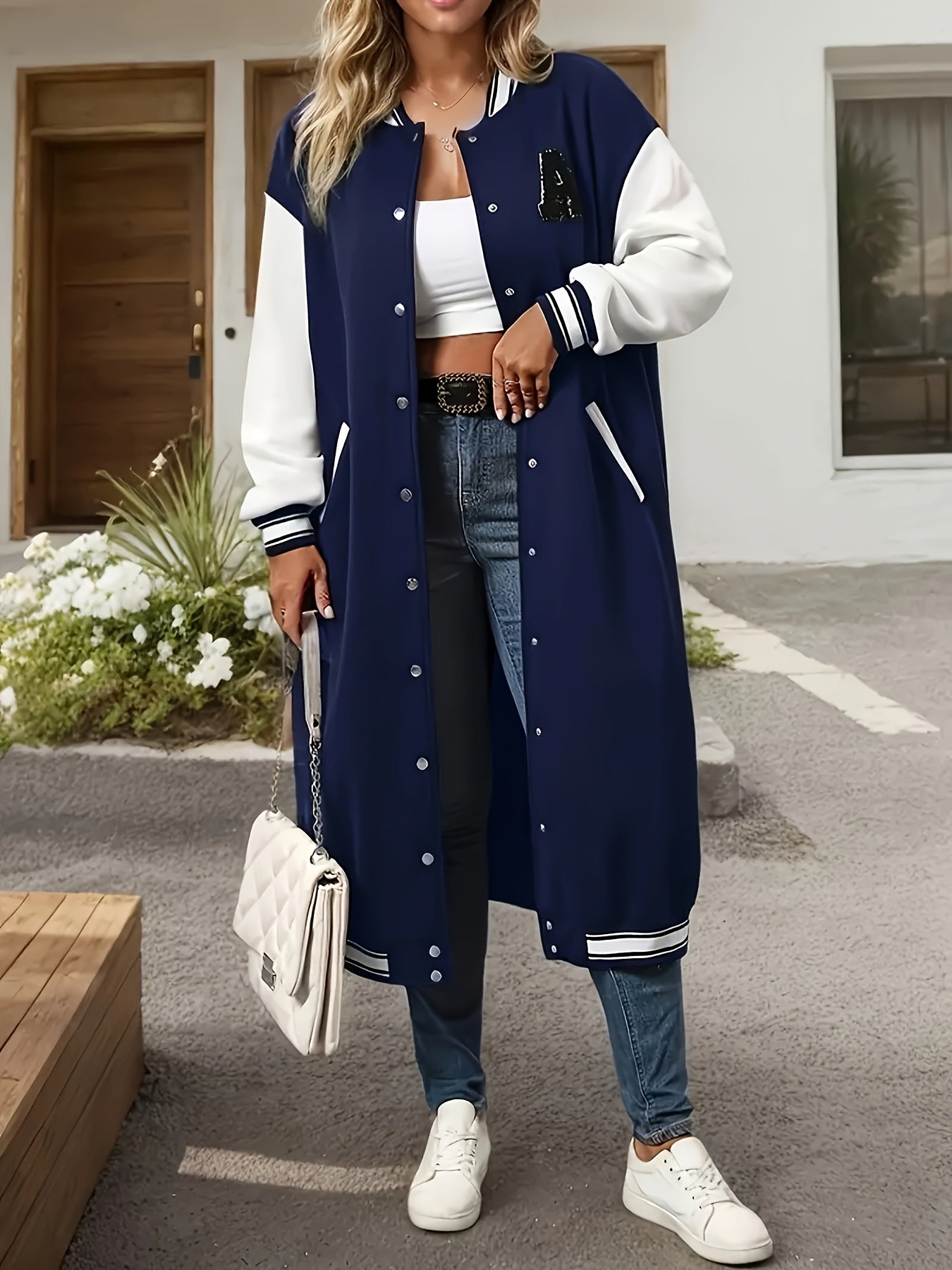 College Style Color Block Jacket – Gold Button Varsity Blazer for Women