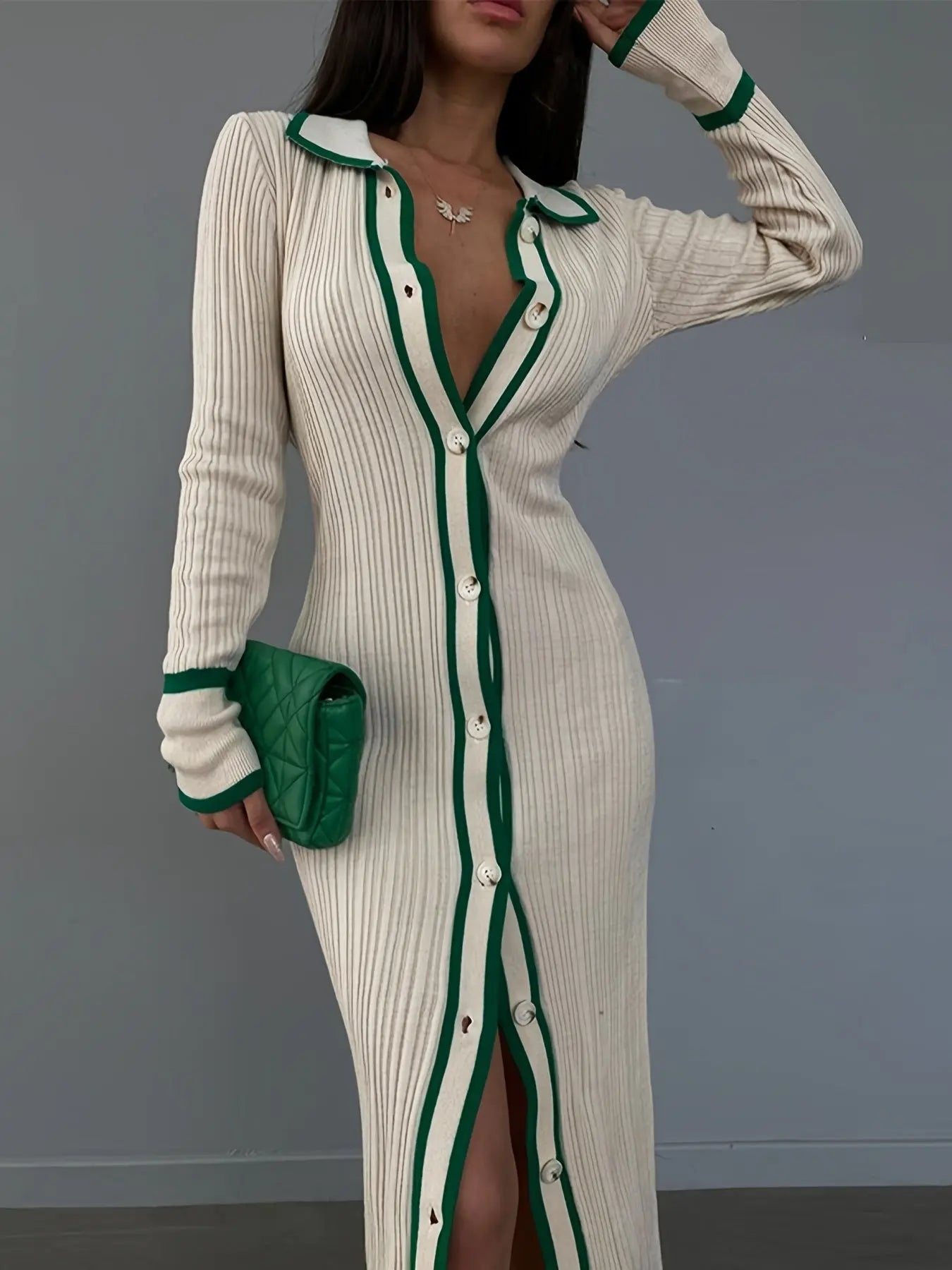 Stylish Contrast Trim Button Front Cardigan - Elegant Long Sleeve, Slim-Fit, Collar Detail, Versatile Dress Toshe Womens Fashion