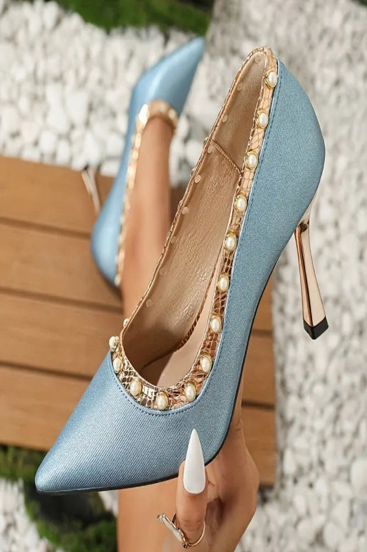 Peacock Blue Pearl Studded Heels Toshe Women's Fashions