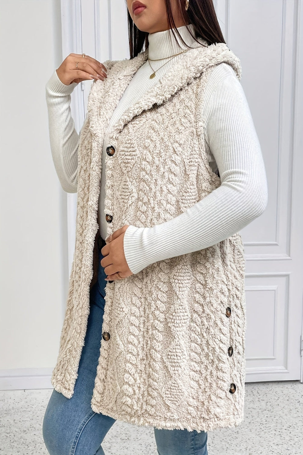 Hooded Fleece-Lined Faux Button Sleeveless Vest