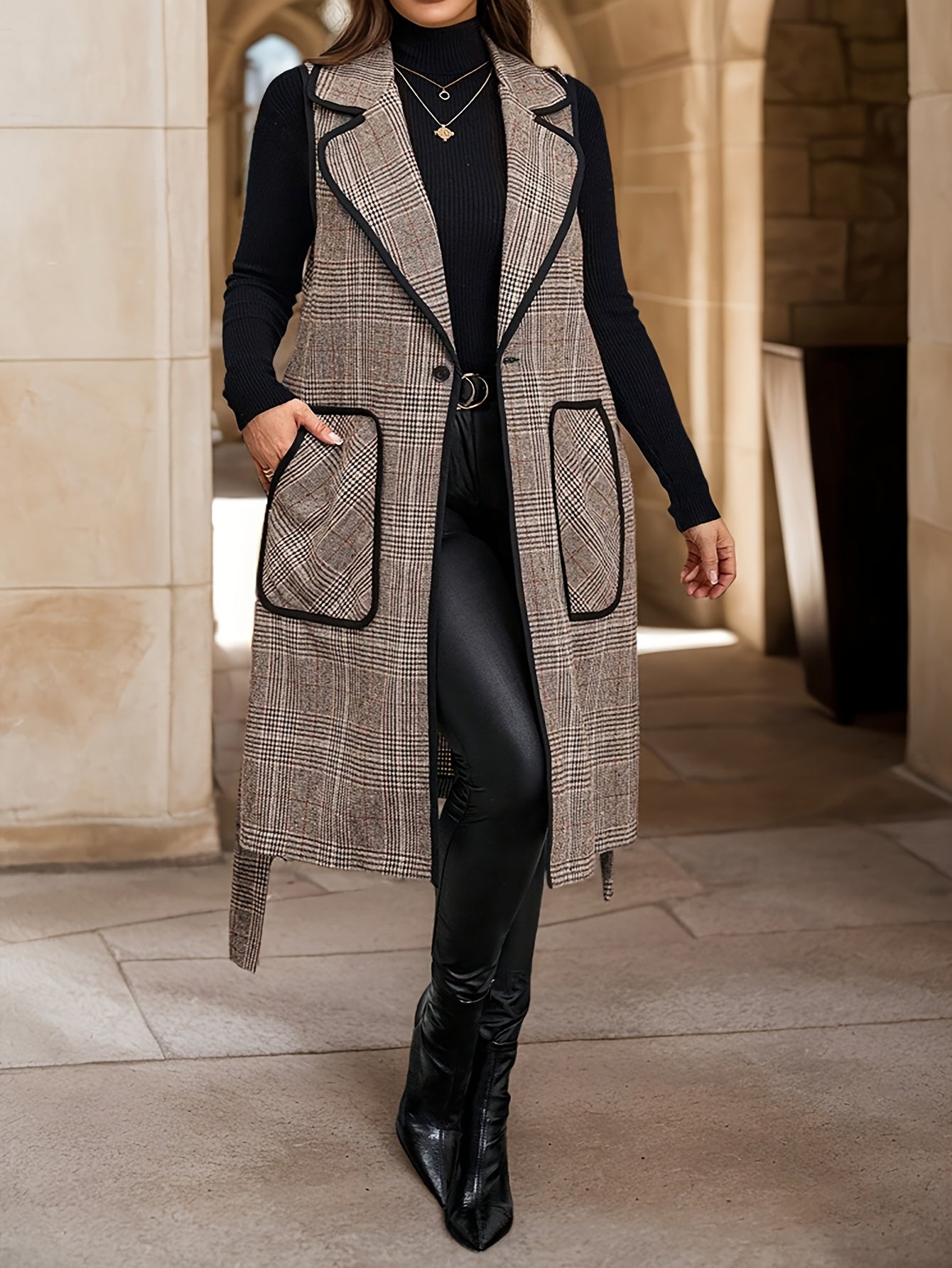 British Style Plaid Sleeveless Belted Long Vest