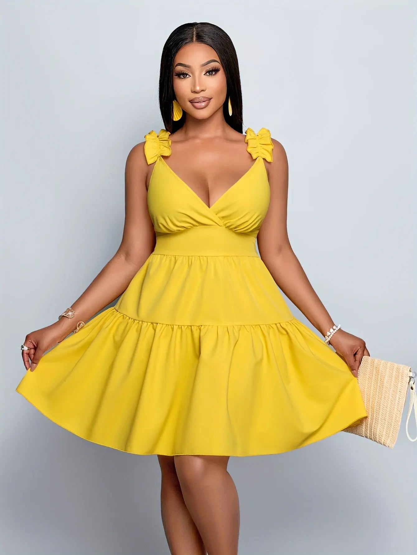 Plus Size Women's Off-Shoulder Ruffled Sleeve Summer Dress - Vibrant Yellow Toshe Women's Fashions