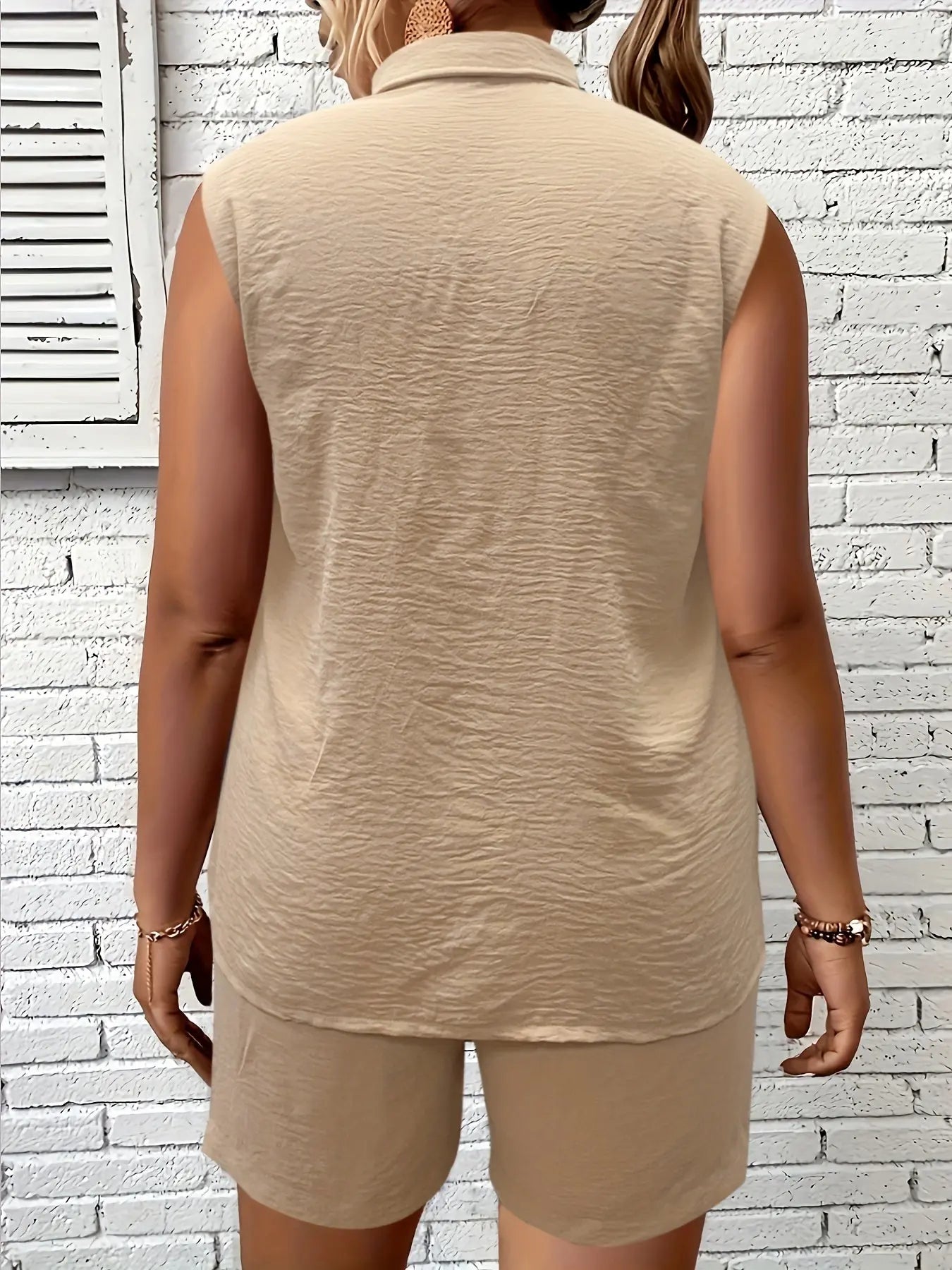 Plus Size, Casual solid color patchwork buckle lapel sleeveless two-piece set Toshe Women's Fashions