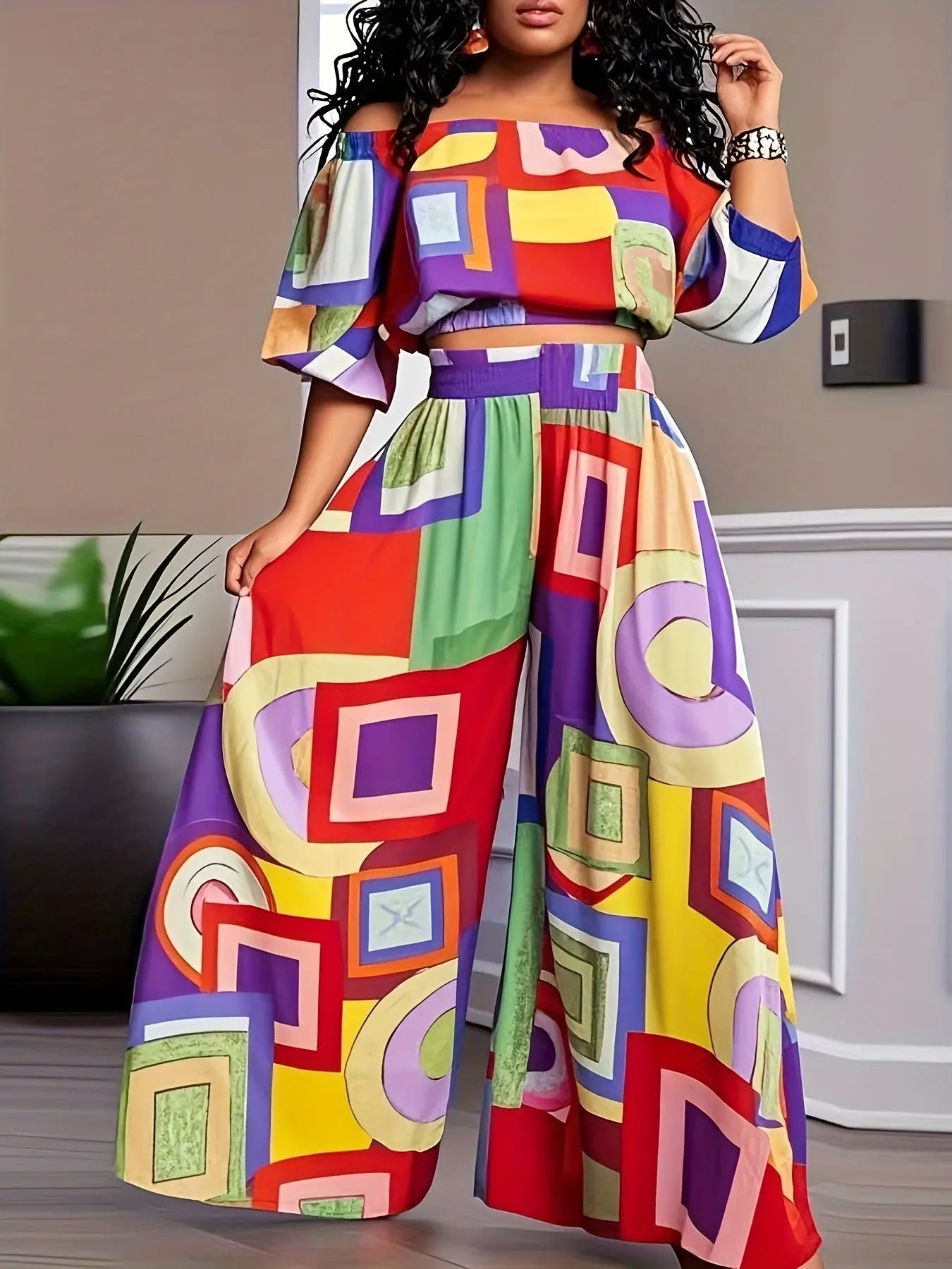 Colorblock Boho Crop Top and Wide Leg Suit Toshe Women's Fashions