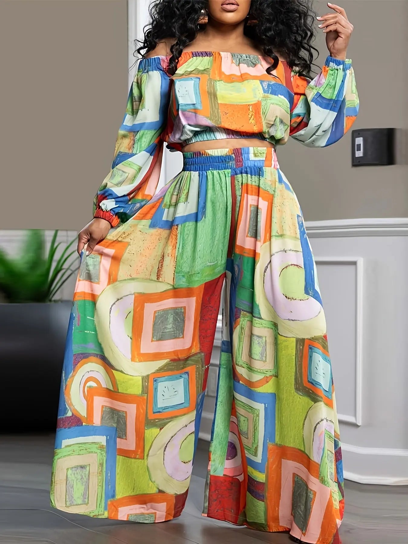 Colorblock Boho Crop Top and Wide Leg Suit Toshe Women's Fashions