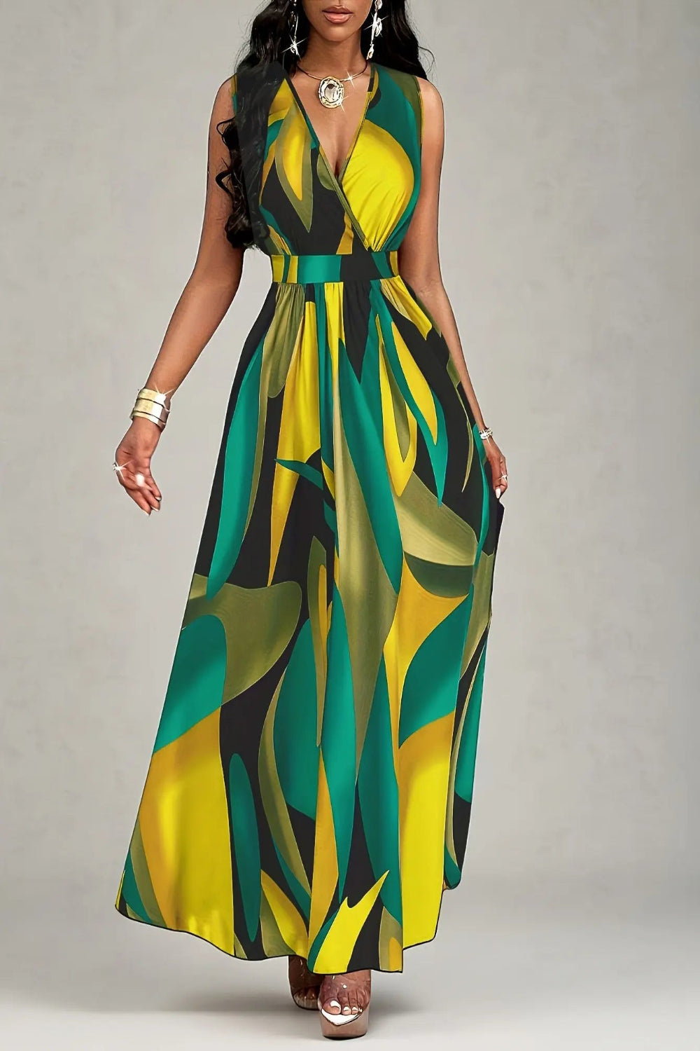 Green Tropical Print Flowing Maxi Dress Toshe Women's Fashions
