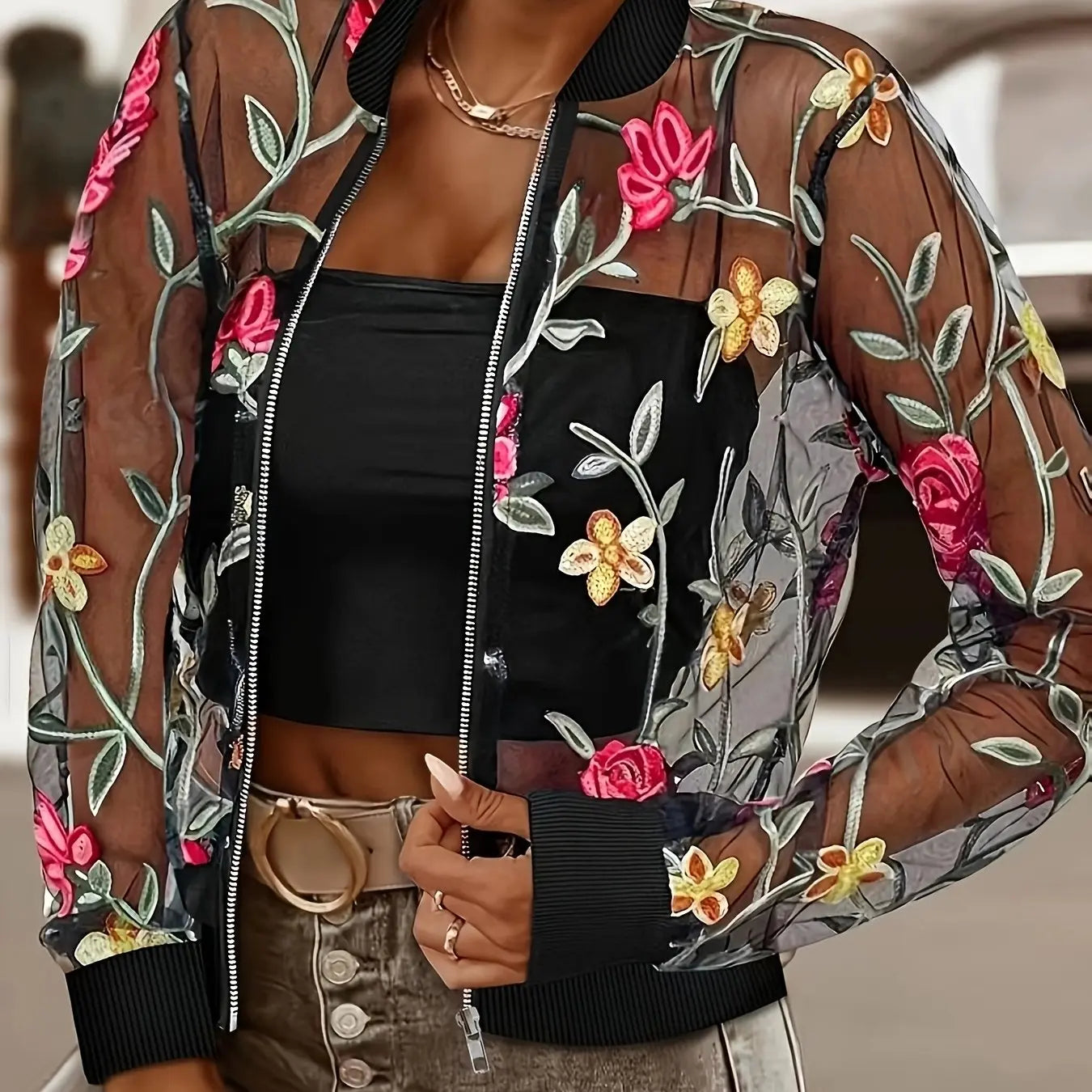 Sheer Floral Embroidery Stand Collar Jacket Toshe Women's Fashions