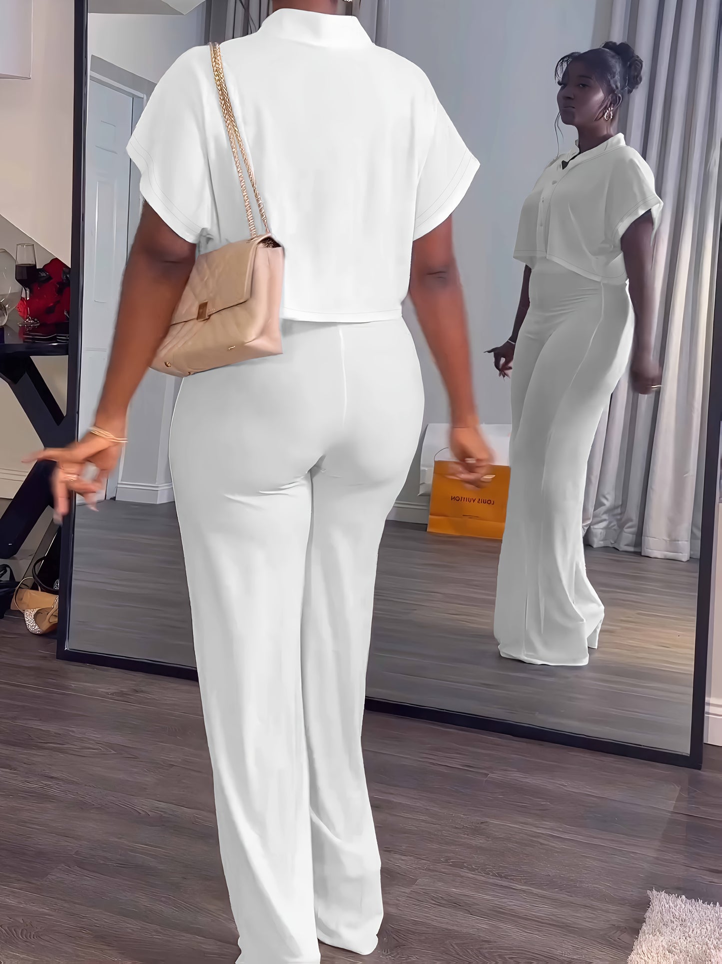 Collared Button Crop Top and Wide Leg Pant Set