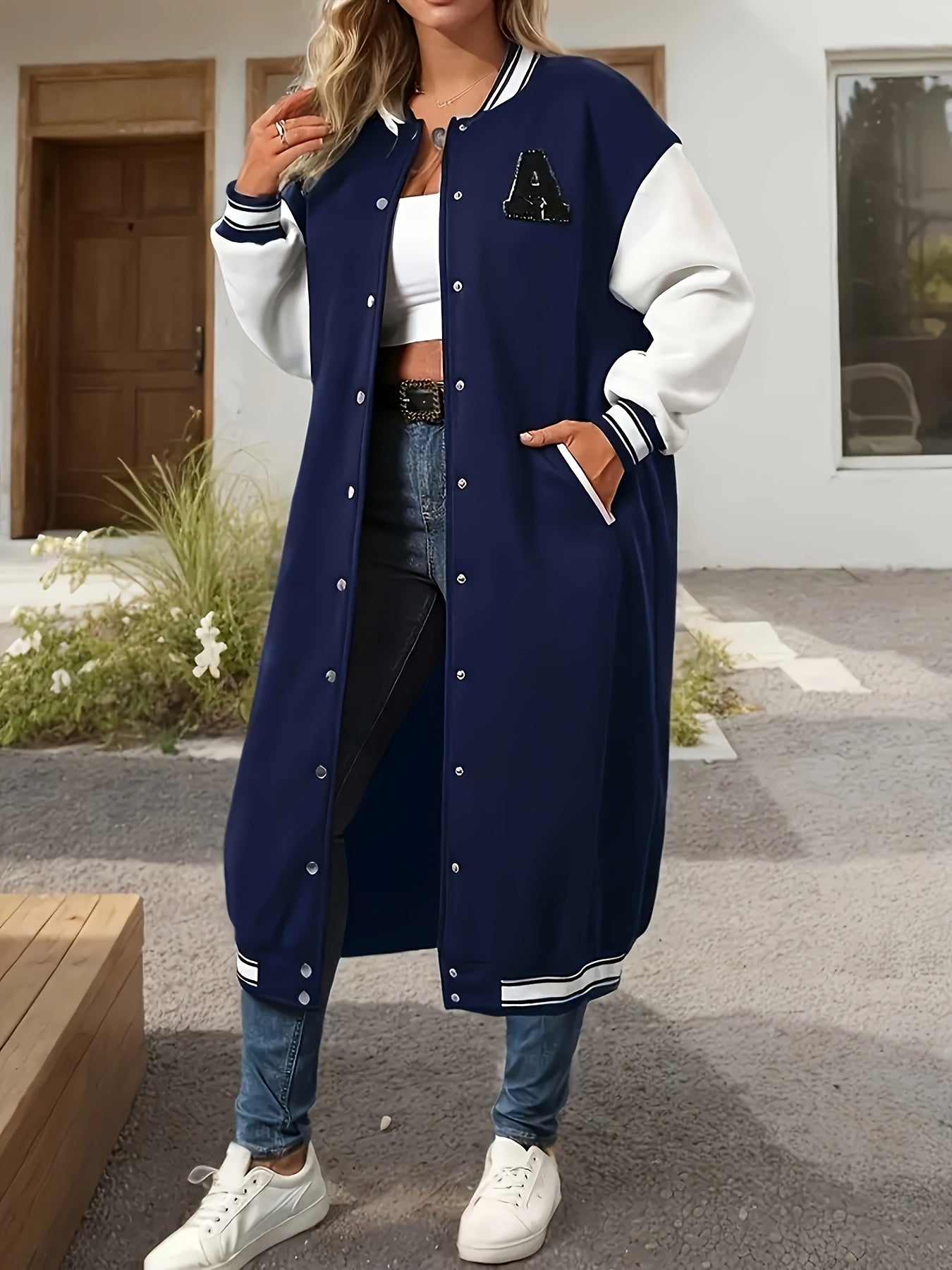 College Style Color Block Jacket – Gold Button Varsity Blazer for Women