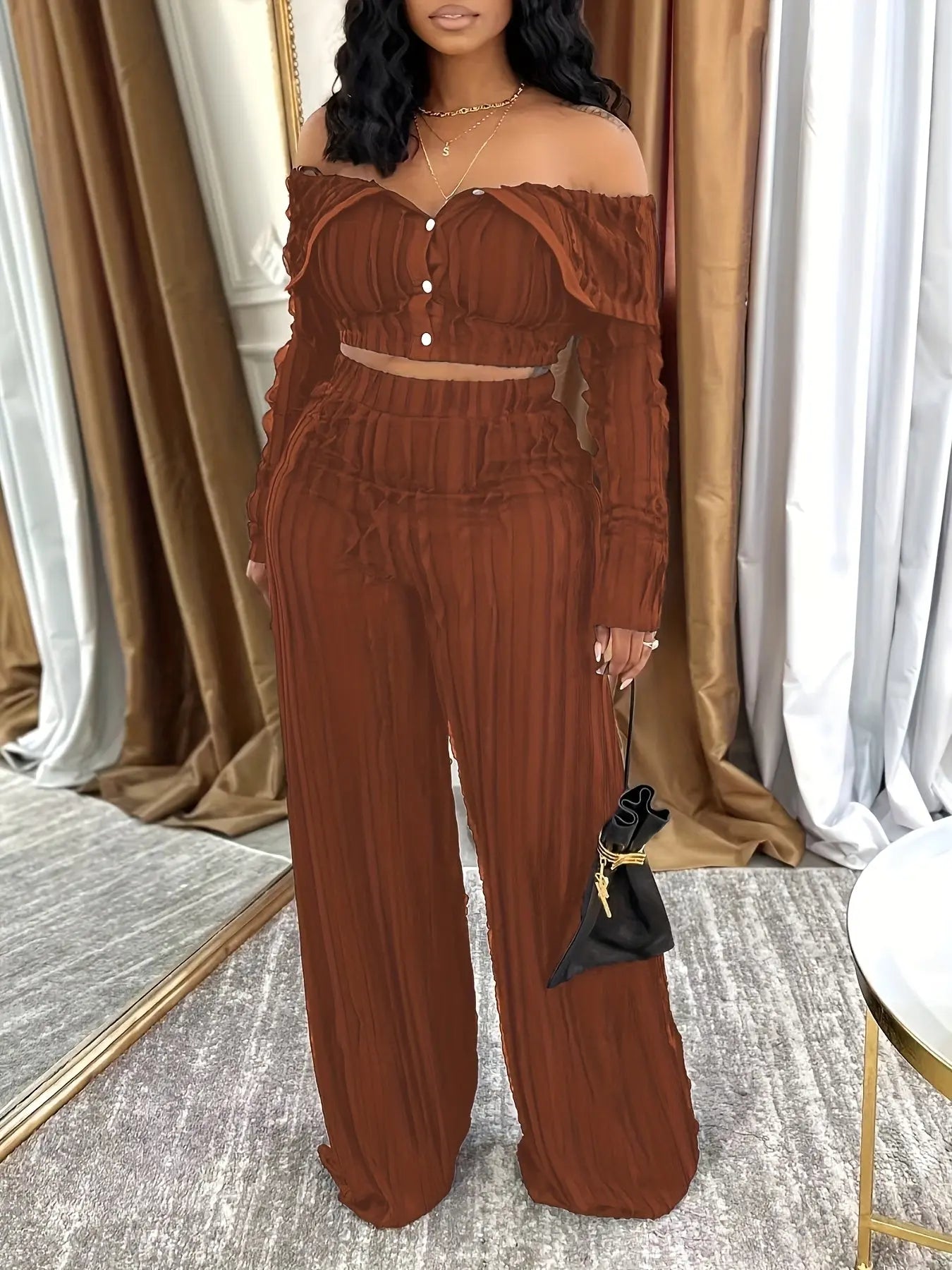 Wave Folded Collar Buttoned Crop Top and Wide Leg Pant Set Toshe Women's Fashions