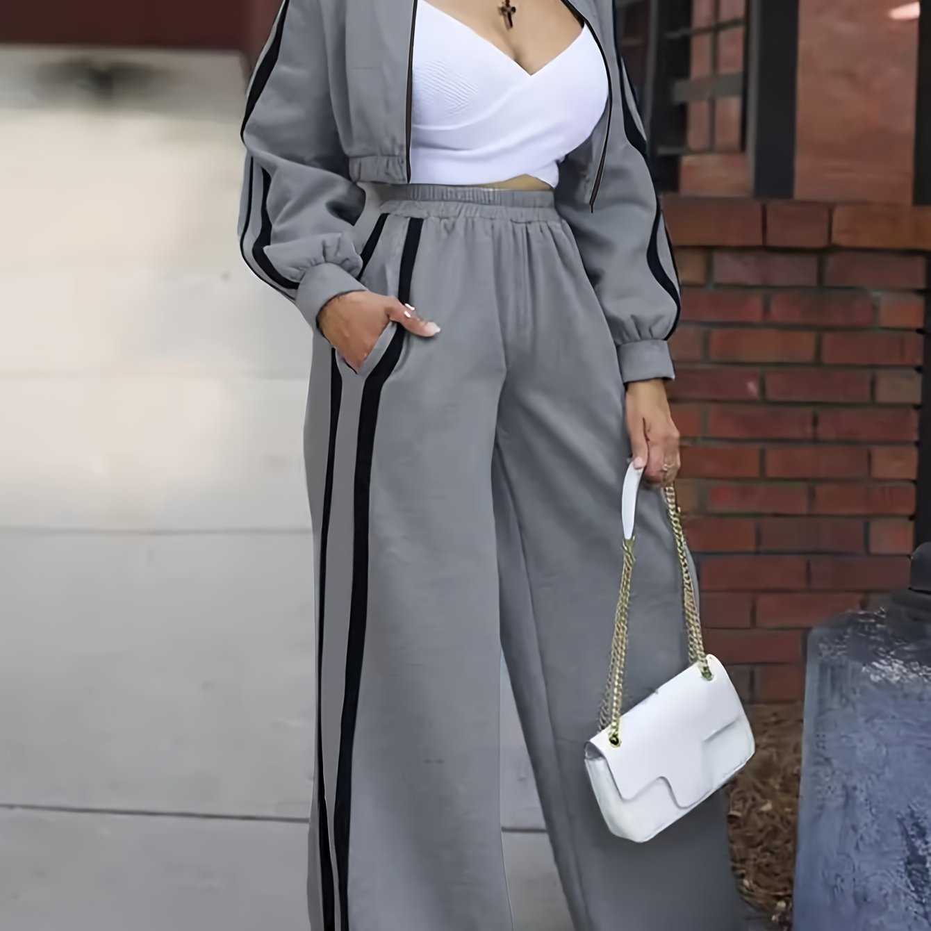 Striped Grey High Neck Zipper Front Top and Pants Set