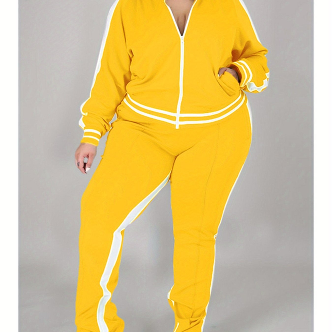 Yellow Stripe Jacket & Pants Set – Chic Two-Piece Tracksuit with Zipper Jacket & Slit Hem Pants