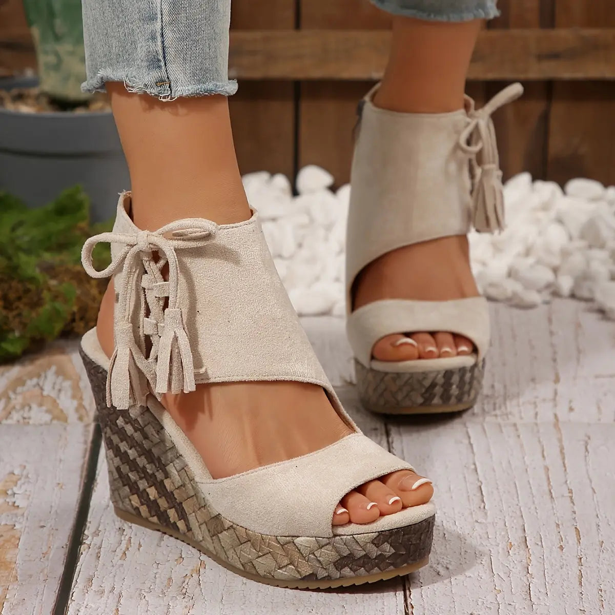 Beige Wedge Ankle Strap Platform Sandals Toshe Women's Fashions