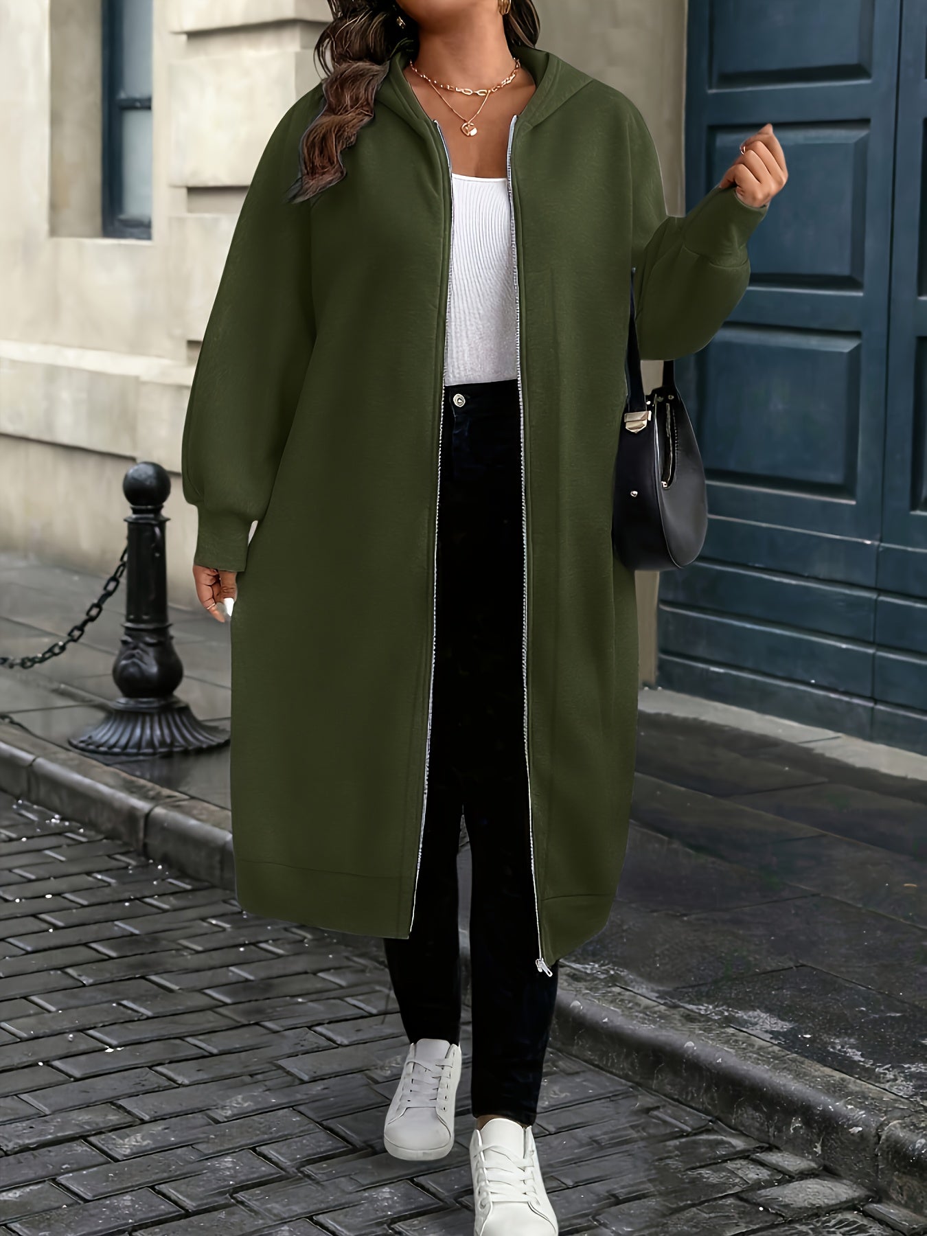 Hooded Zipper Front Long Overcoat