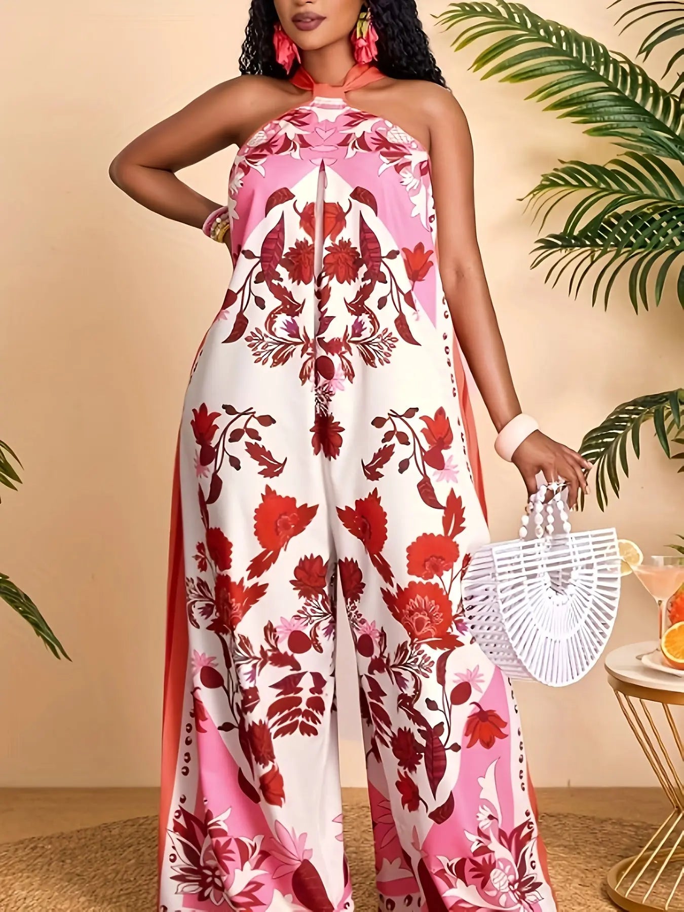 Floral Print Halter Open Shoulder Wide-Leg Jumpsuit Toshe Women's Fashions