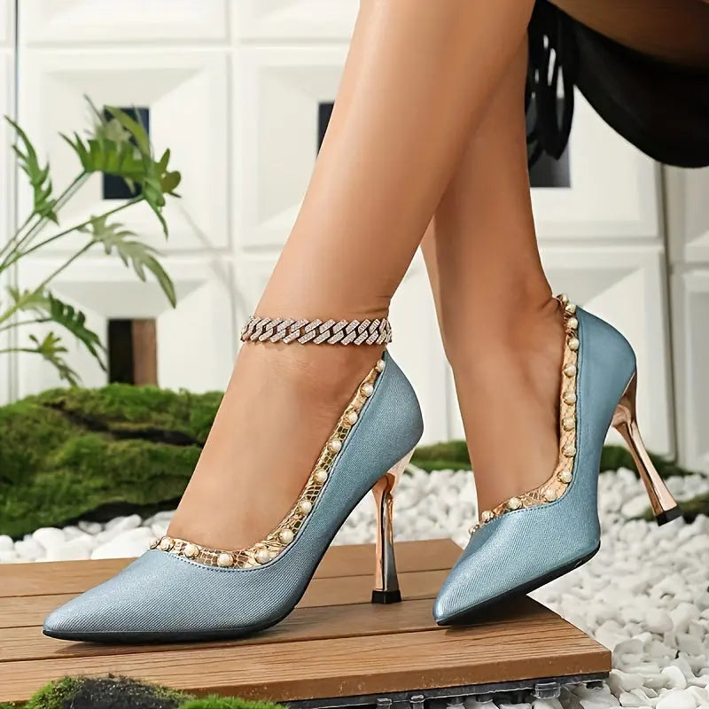 Peacock Blue Pearl Studded Heels Toshe Women's Fashions