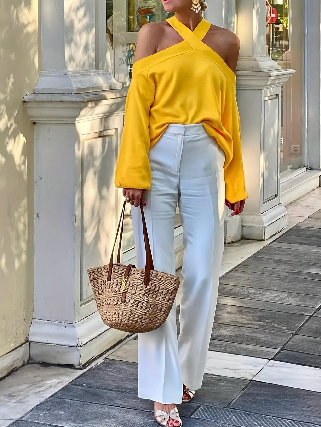 Lemon Yellow Criss Cross Cold Shoulder Top Toshe Women's Fashions