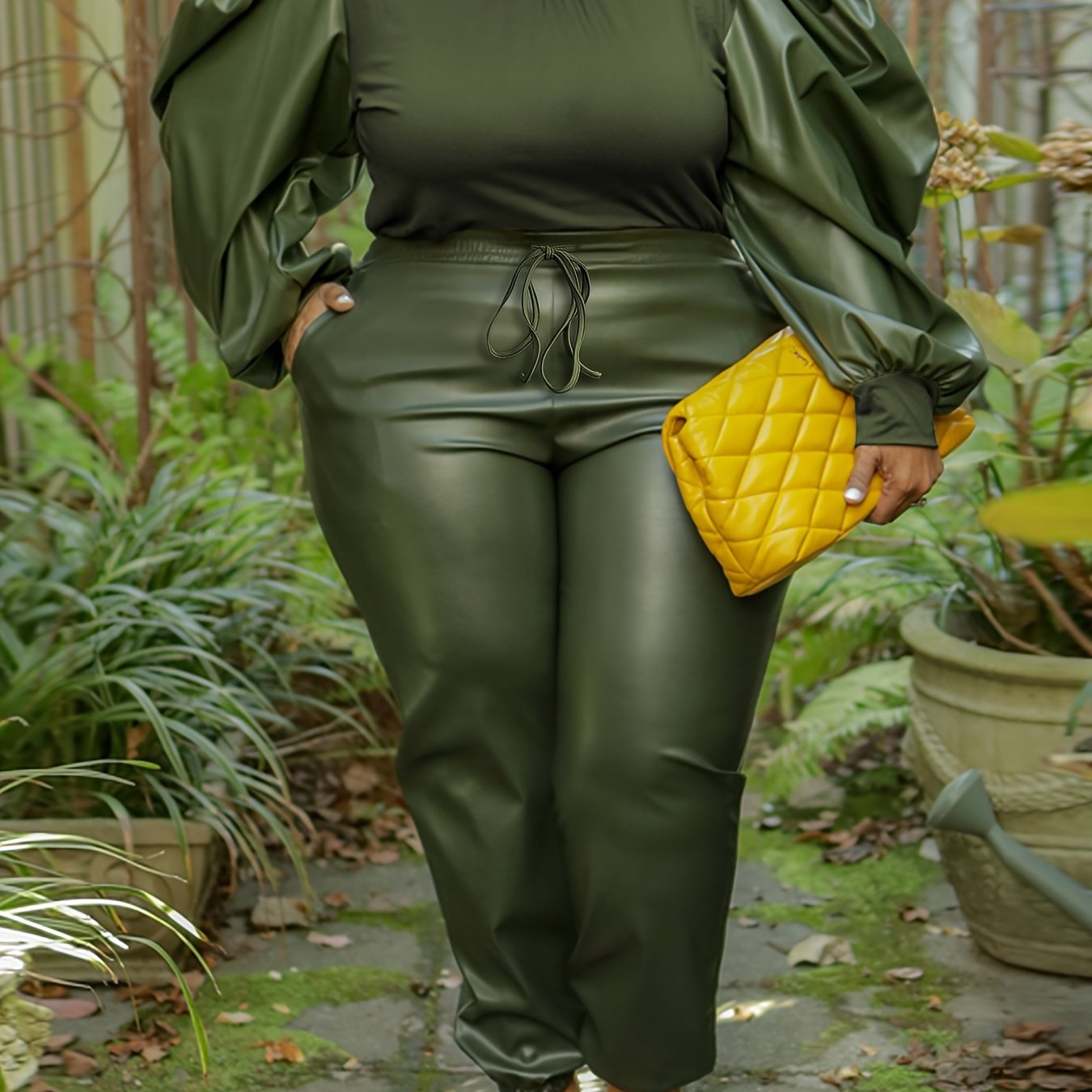 Faux Leather Knit Top & Drawstring Pants Set – Chic Two-Piece Co-ord Outfit