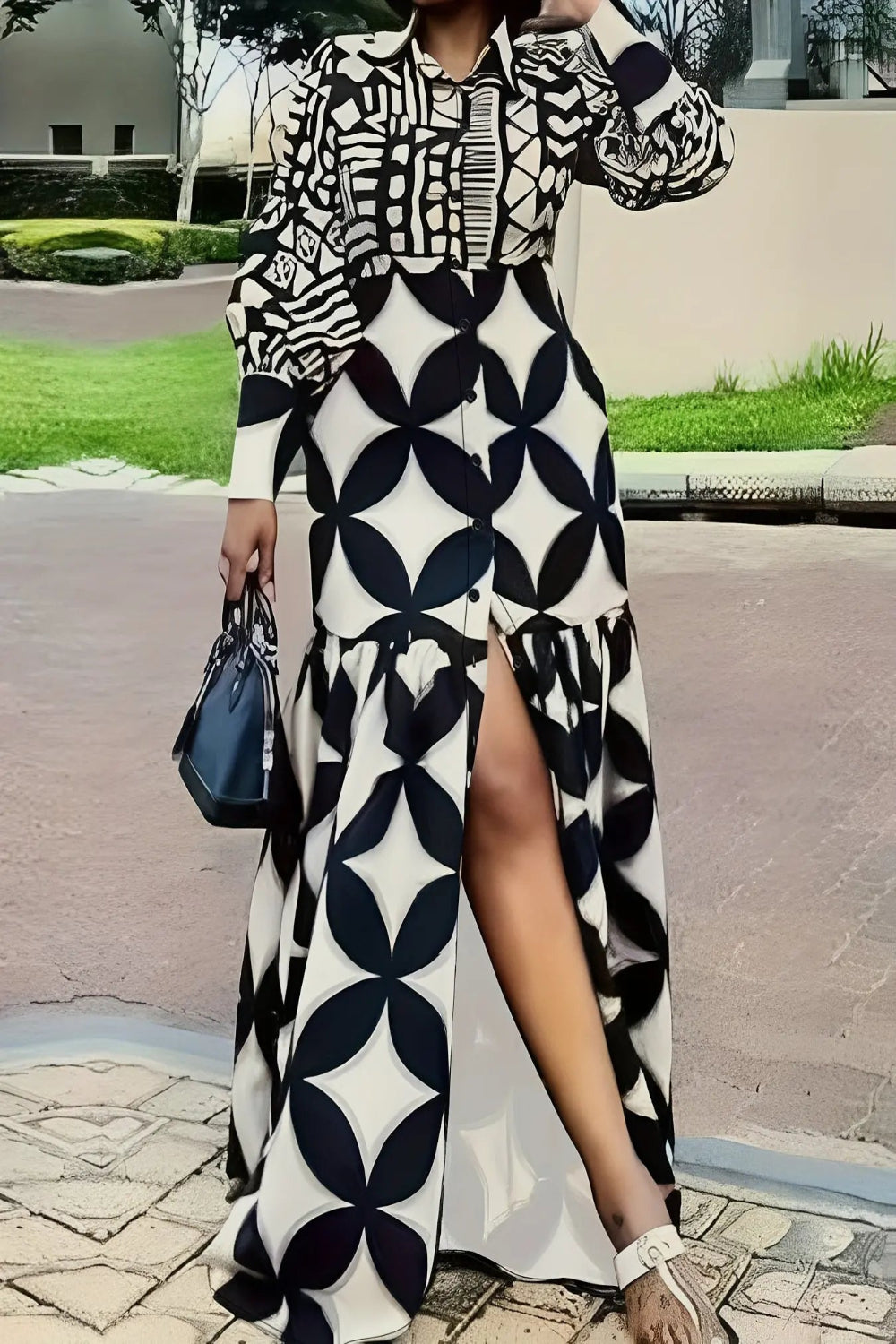 Long Sleeve Shirt Dress - Loose Fit, Geometric Print, Black & White Floral Design, Button-Up Collar Toshe Womens Fashions